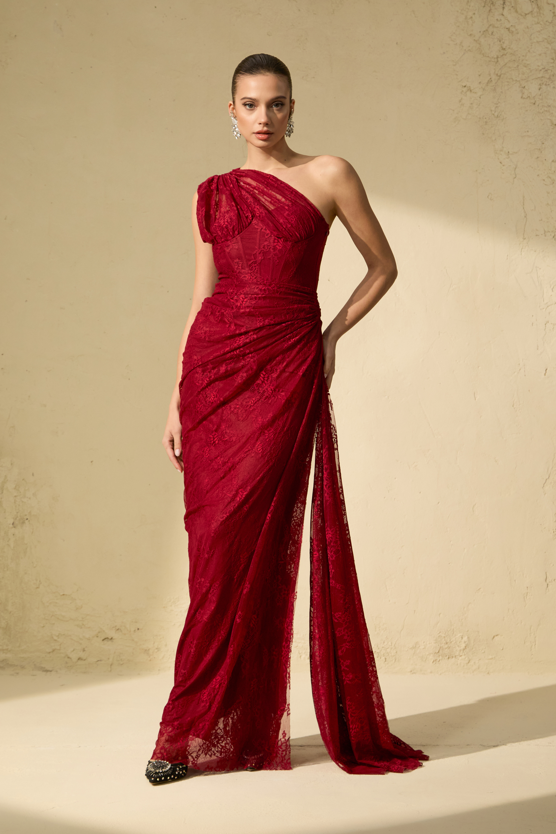 Quite Perfect Red One-Shoulder Lace Corset Maxi Dress-purelyfable