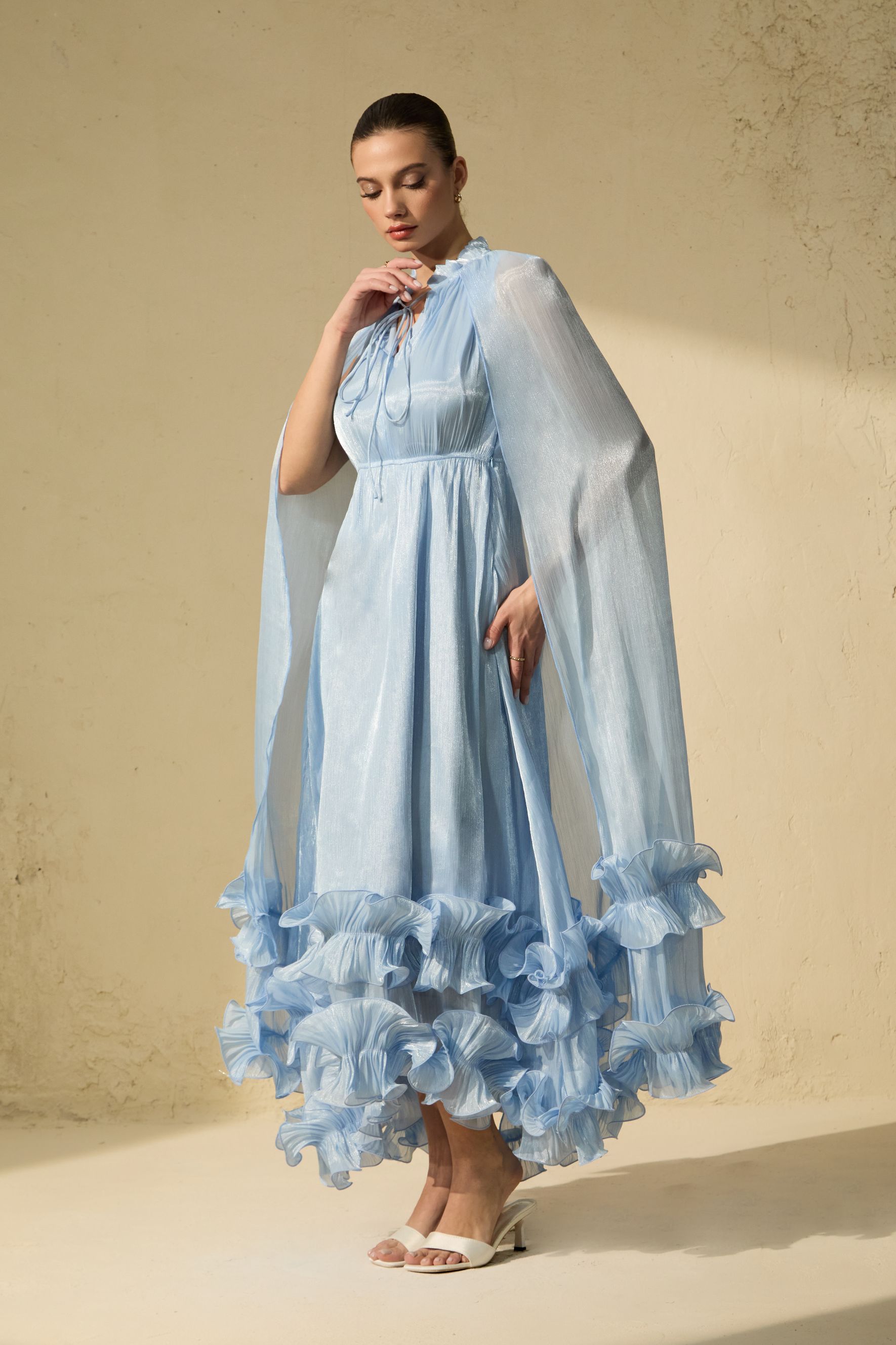 Shirley Blue Cape-effect Ruffled Midi Dress-purelyfable