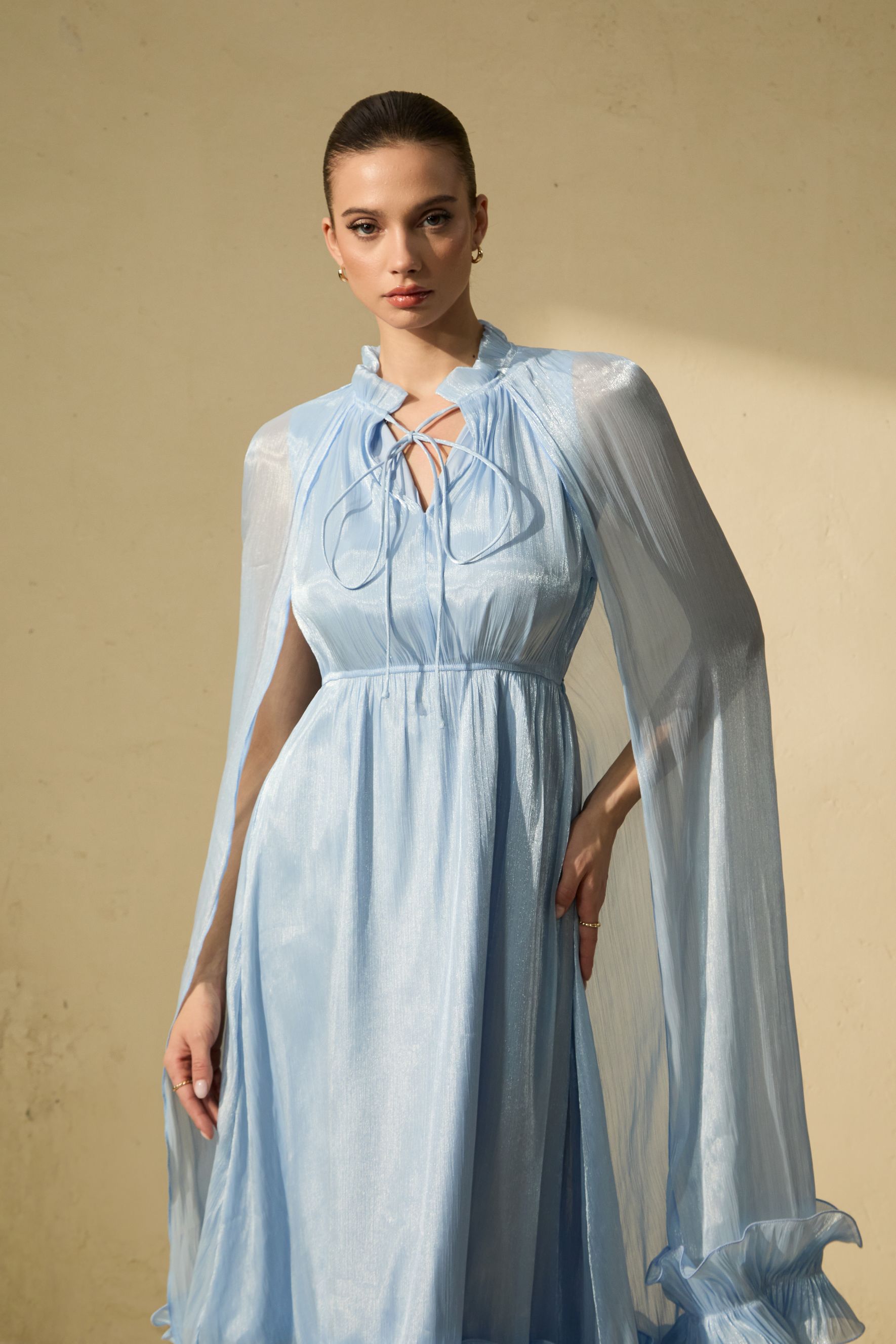 Shirley Blue Cape-effect Ruffled Midi Dress-purelyfable