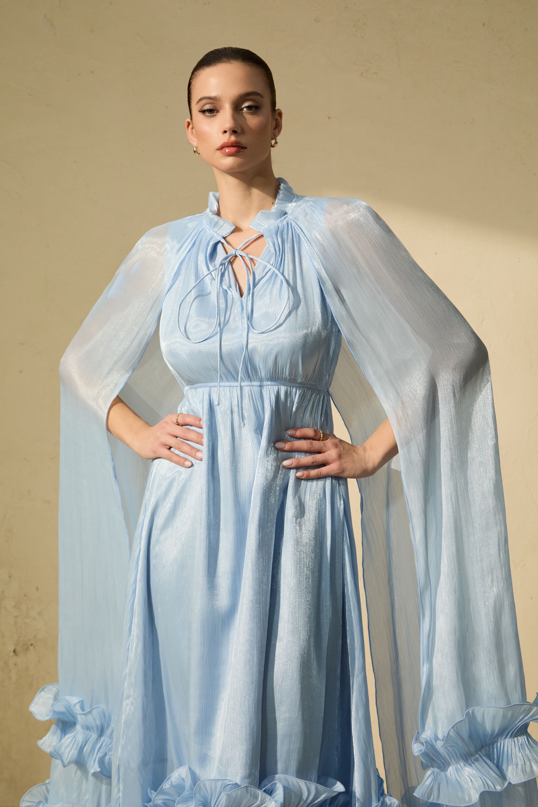 Shirley Blue Cape-effect Ruffled Midi Dress-purelyfable
