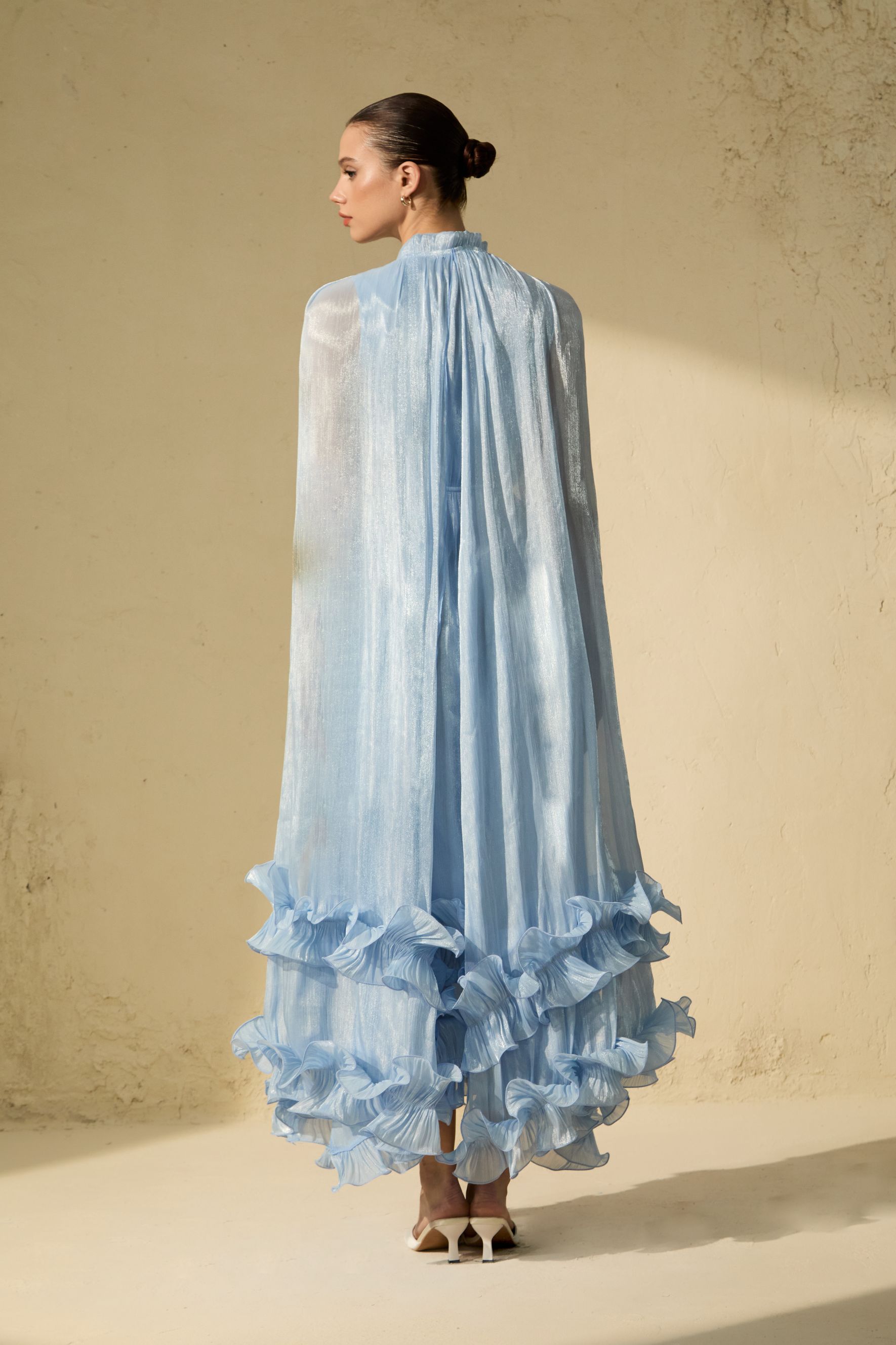 Shirley Blue Cape-effect Ruffled Midi Dress-purelyfable