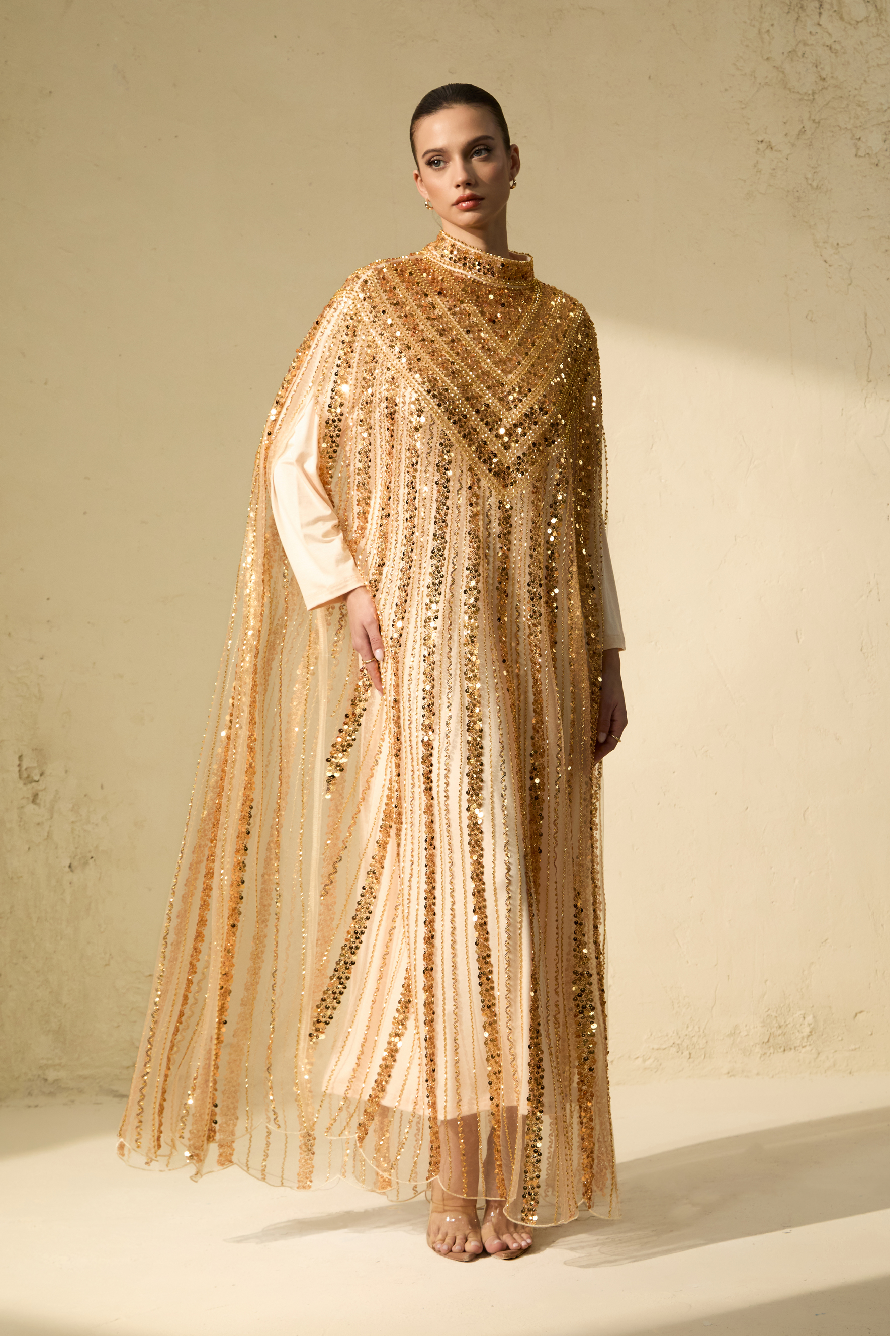 Shining Luxury Gold Chevron Sequin Tulle Maxi Dress-purelyfable