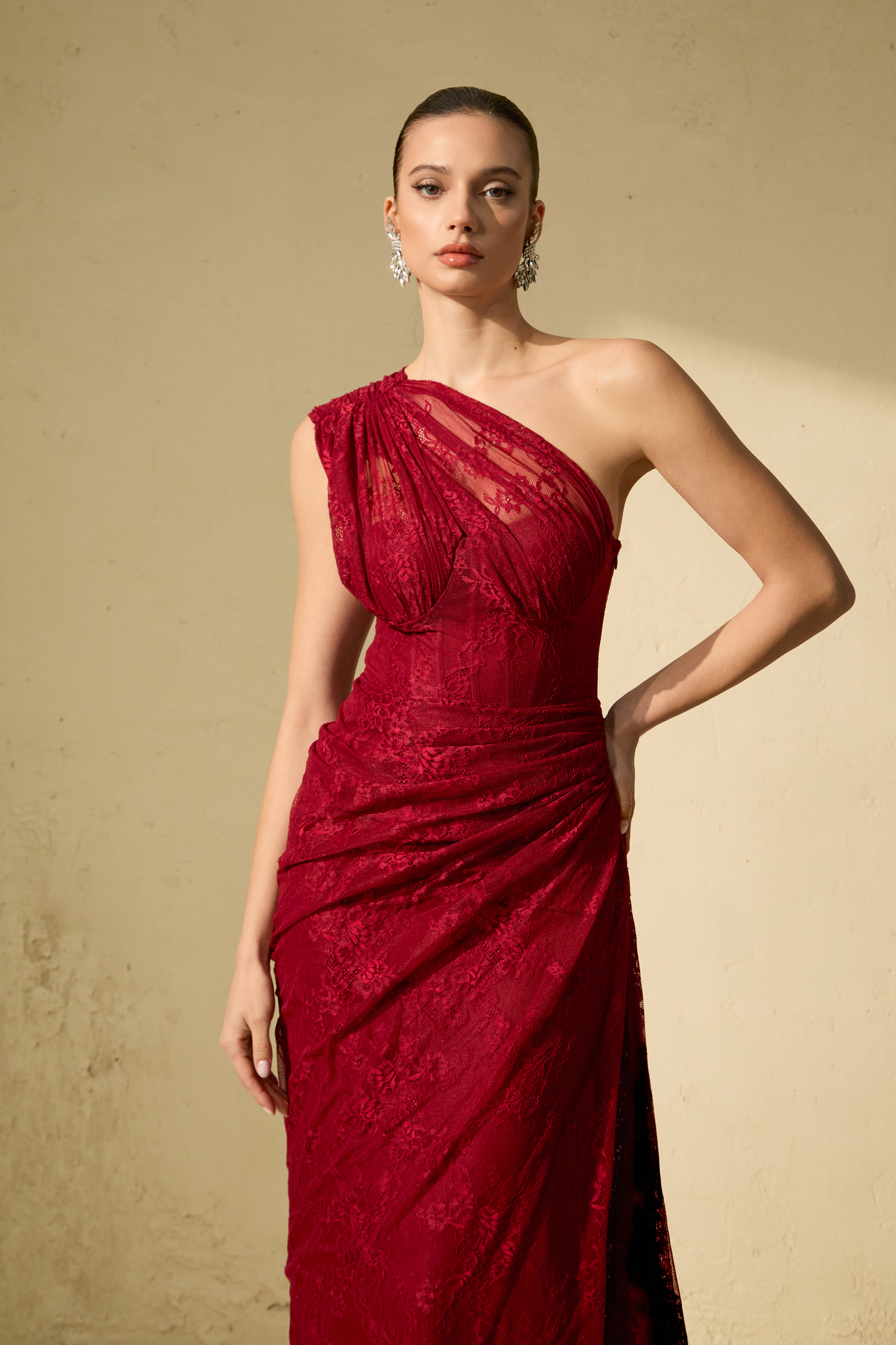 Quite Perfect Red One-Shoulder Lace Corset Maxi Dress-purelyfable