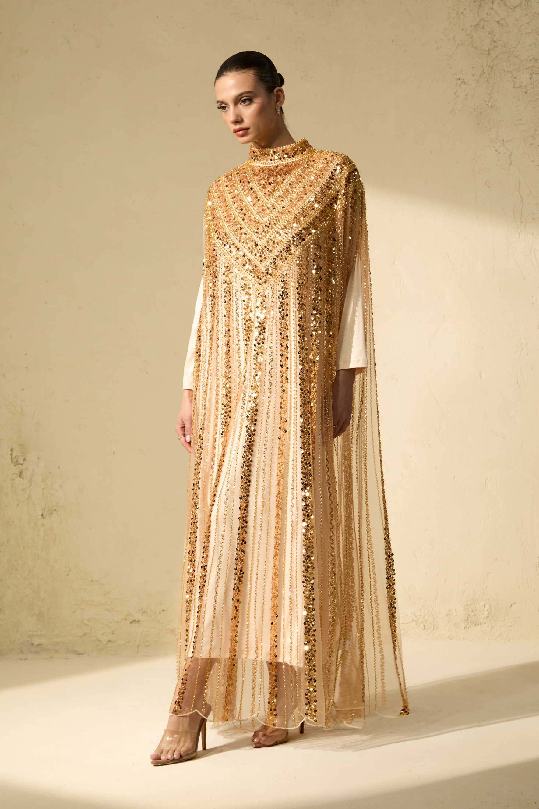 Shining Luxury Gold Chevron Sequin Tulle Maxi Dress-purelyfable