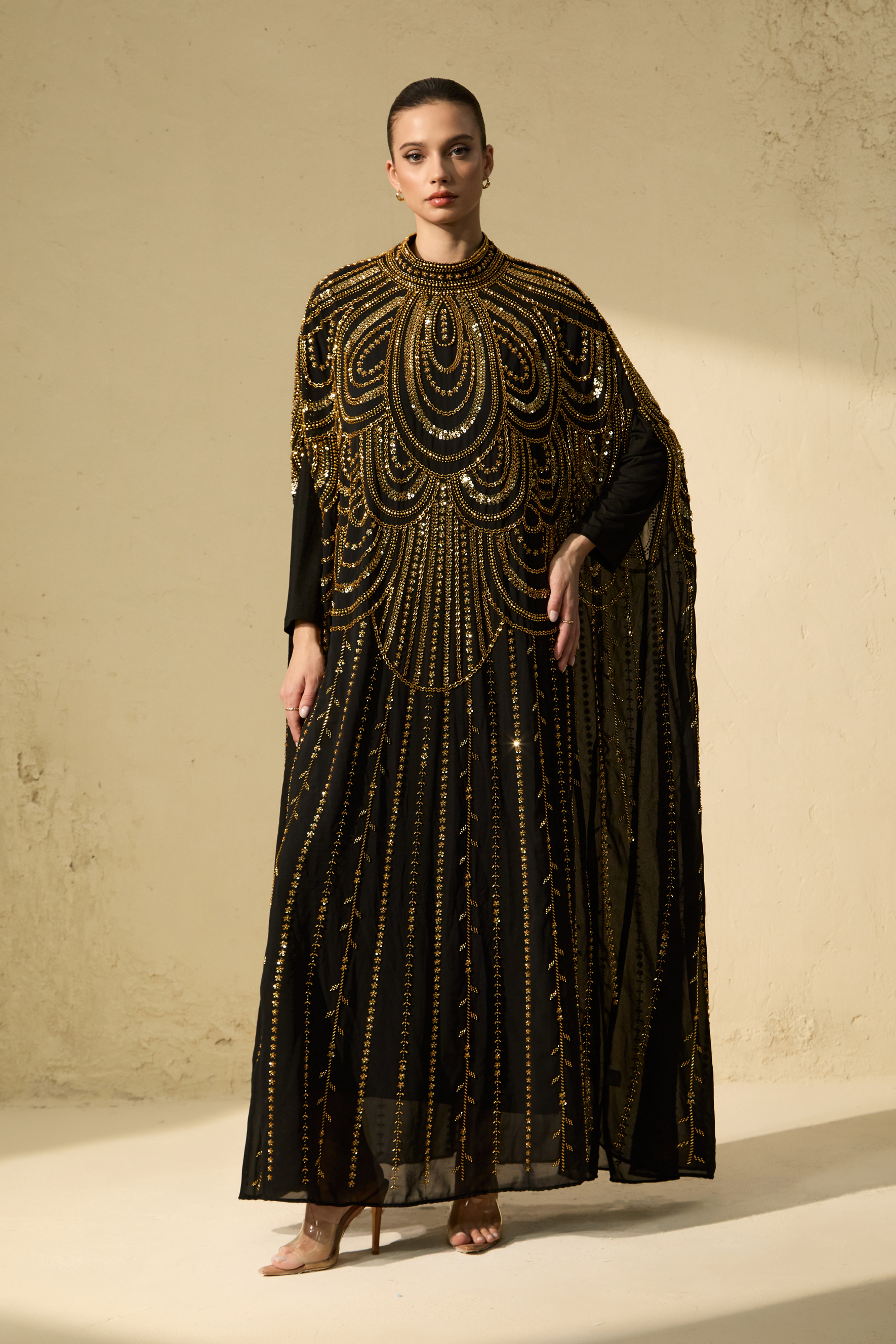 Glamorous Choice Black Beaded Cape Maxi Dress-purelyfable