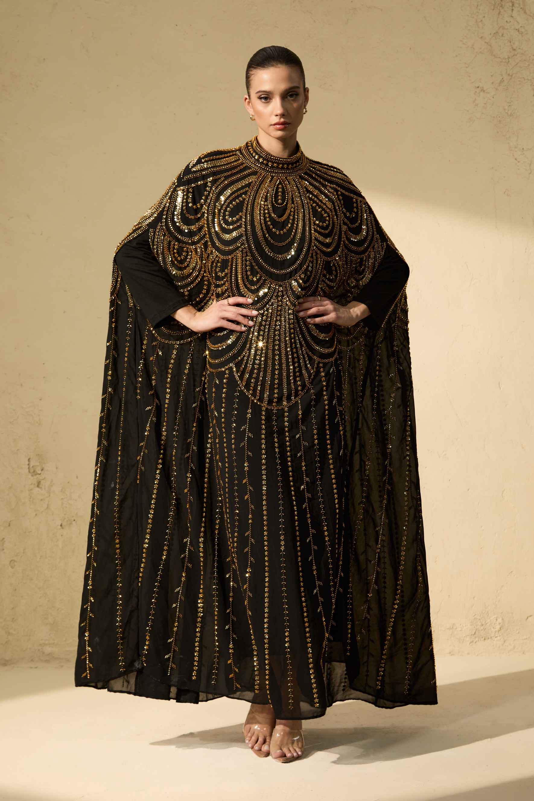 Glamorous Choice Black Beaded Cape Maxi Dress-purelyfable