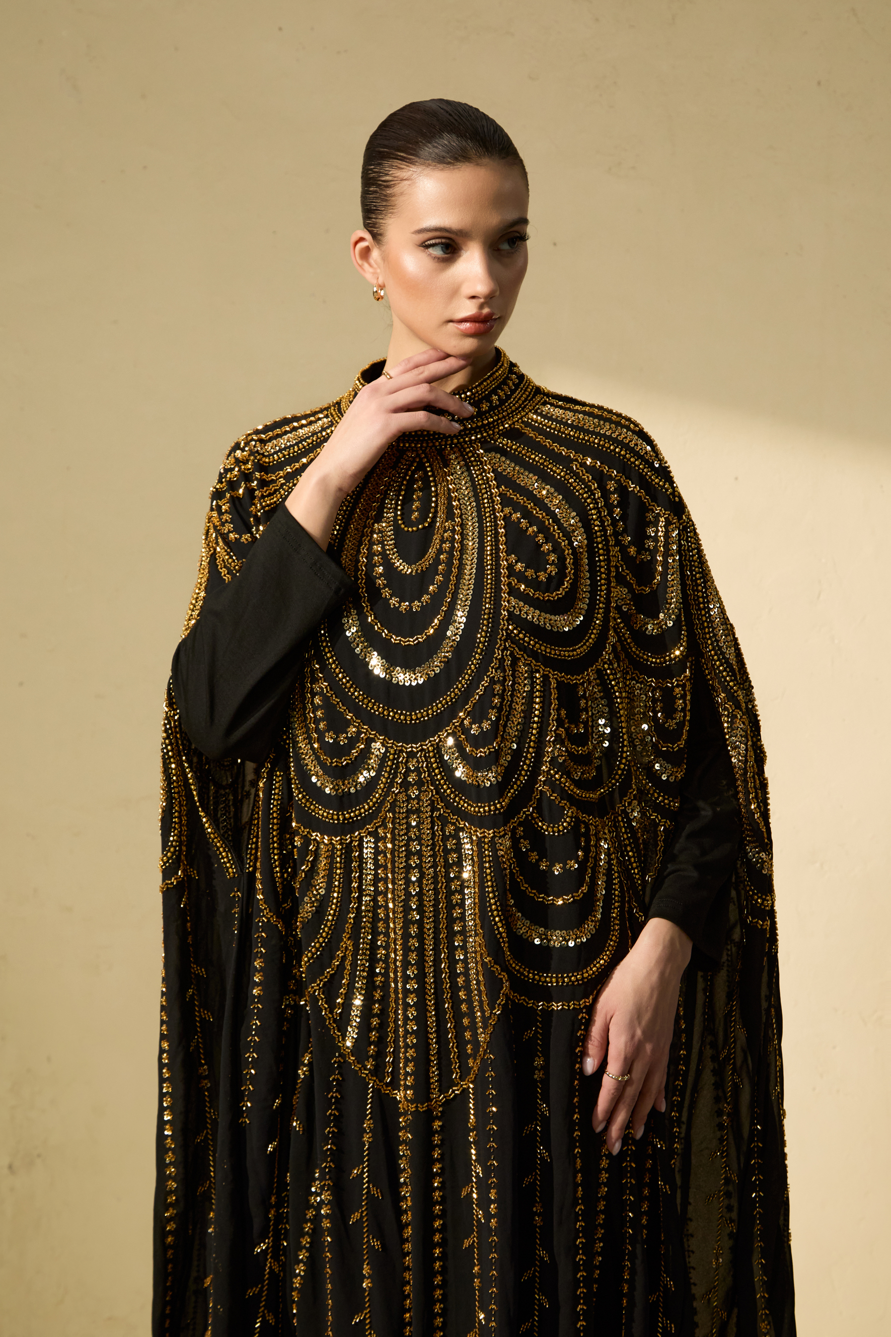 Glamorous Choice Black Beaded Cape Maxi Dress-purelyfable