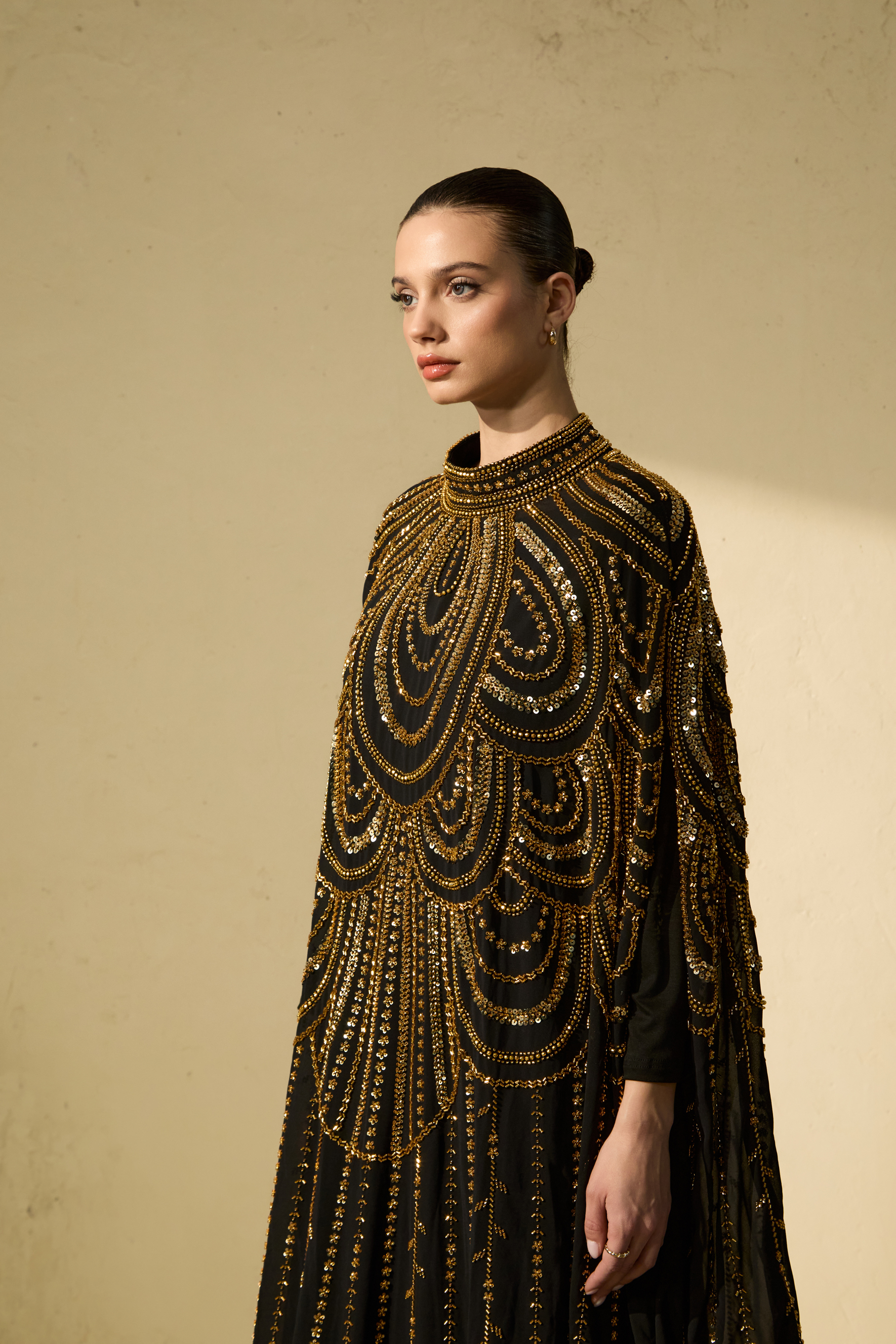 Glamorous Choice Black Beaded Cape Maxi Dress-purelyfable