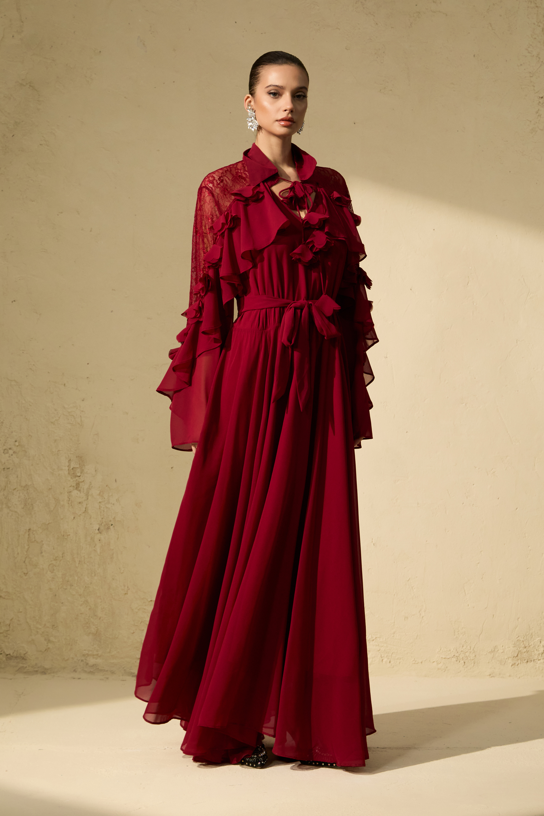 Beautiful Aura Sheer Lace Ruffled Sleeve Maxi Dress-purelyfable