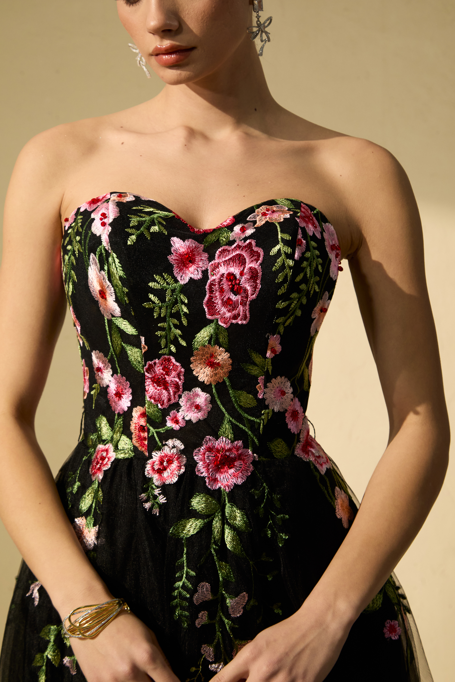 Prestigious Events Black Floral Embroidered Strapless Tulle Maxi Dress-purelyfable