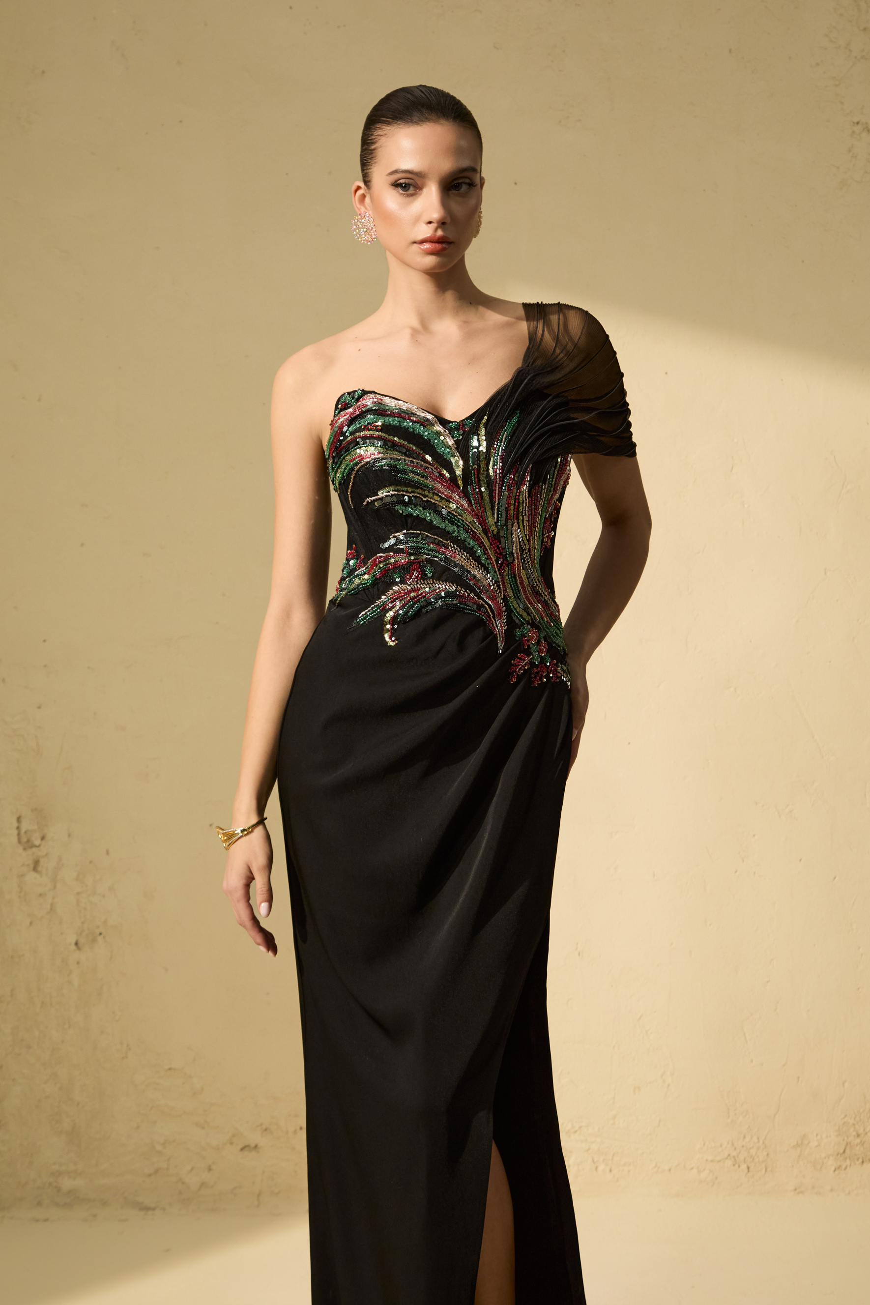 Classy Nights Black One Shoulder Embellished Maxi Dress-purelyfable