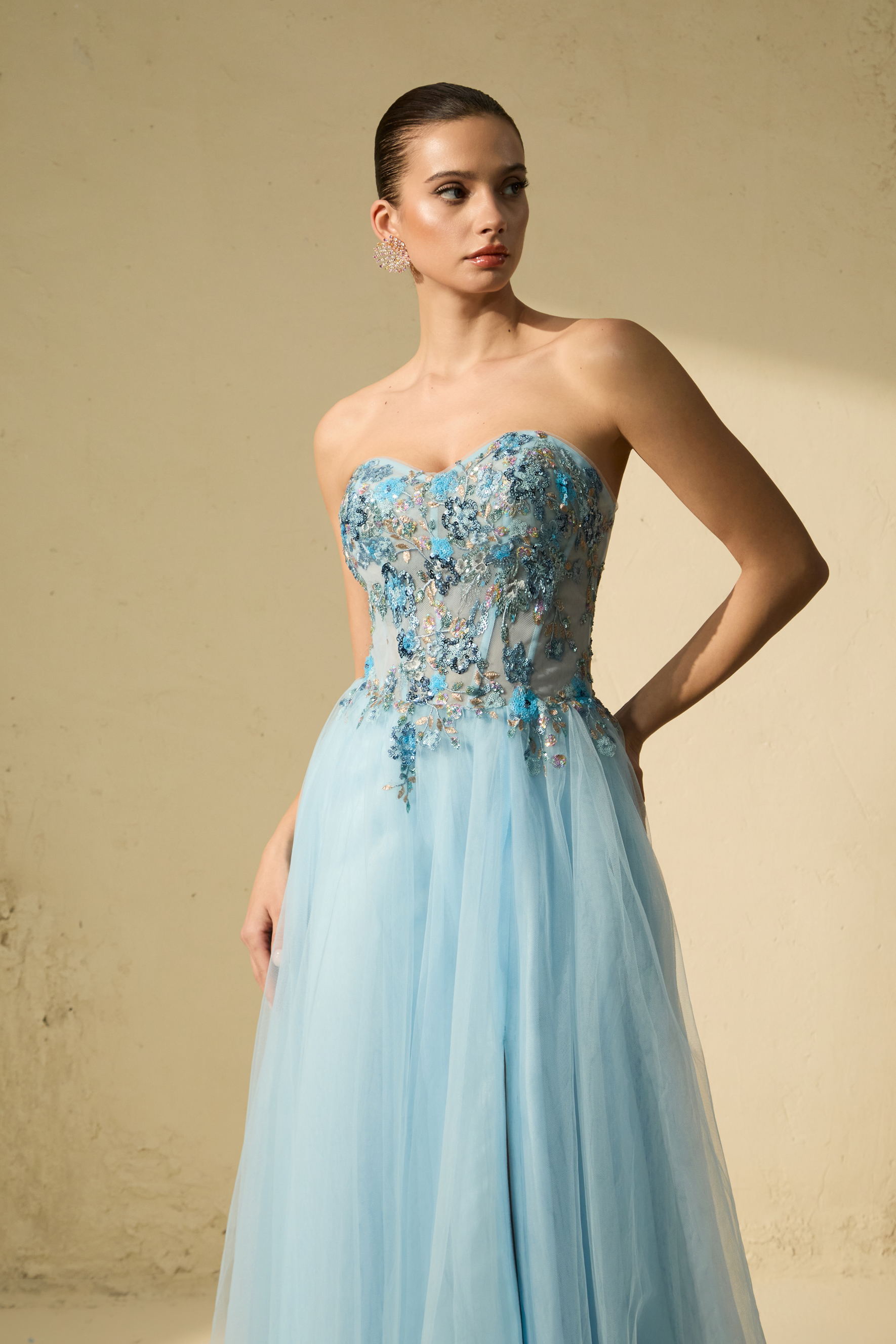 Special Moment Blue Embroidered Strapless Tulle Maxi Dress-purelyfable