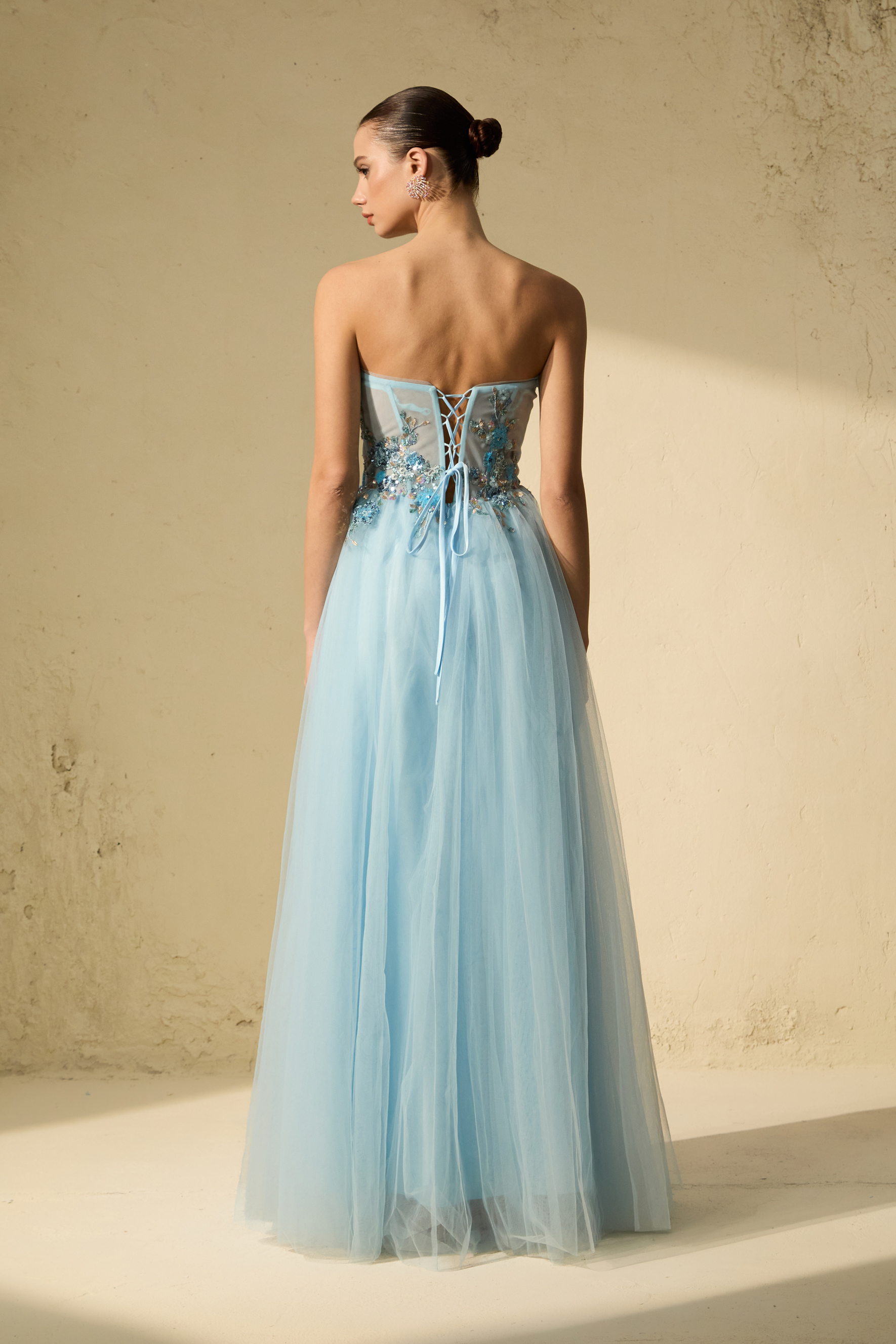 Special Moment Blue Embroidered Strapless Tulle Maxi Dress-purelyfable