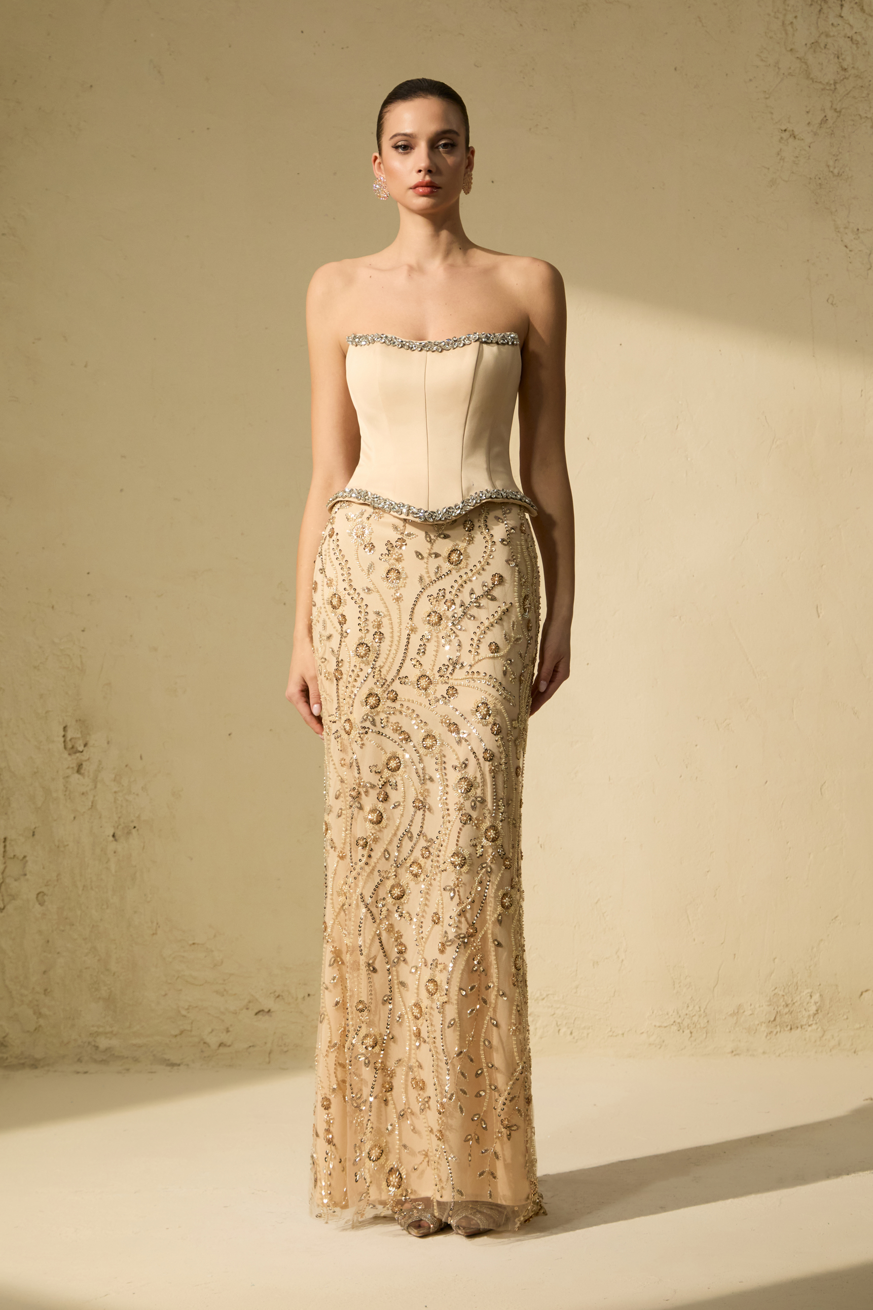 Sleek Society Nude Embroidered Strapless Corset Maxi Dress-purelyfable