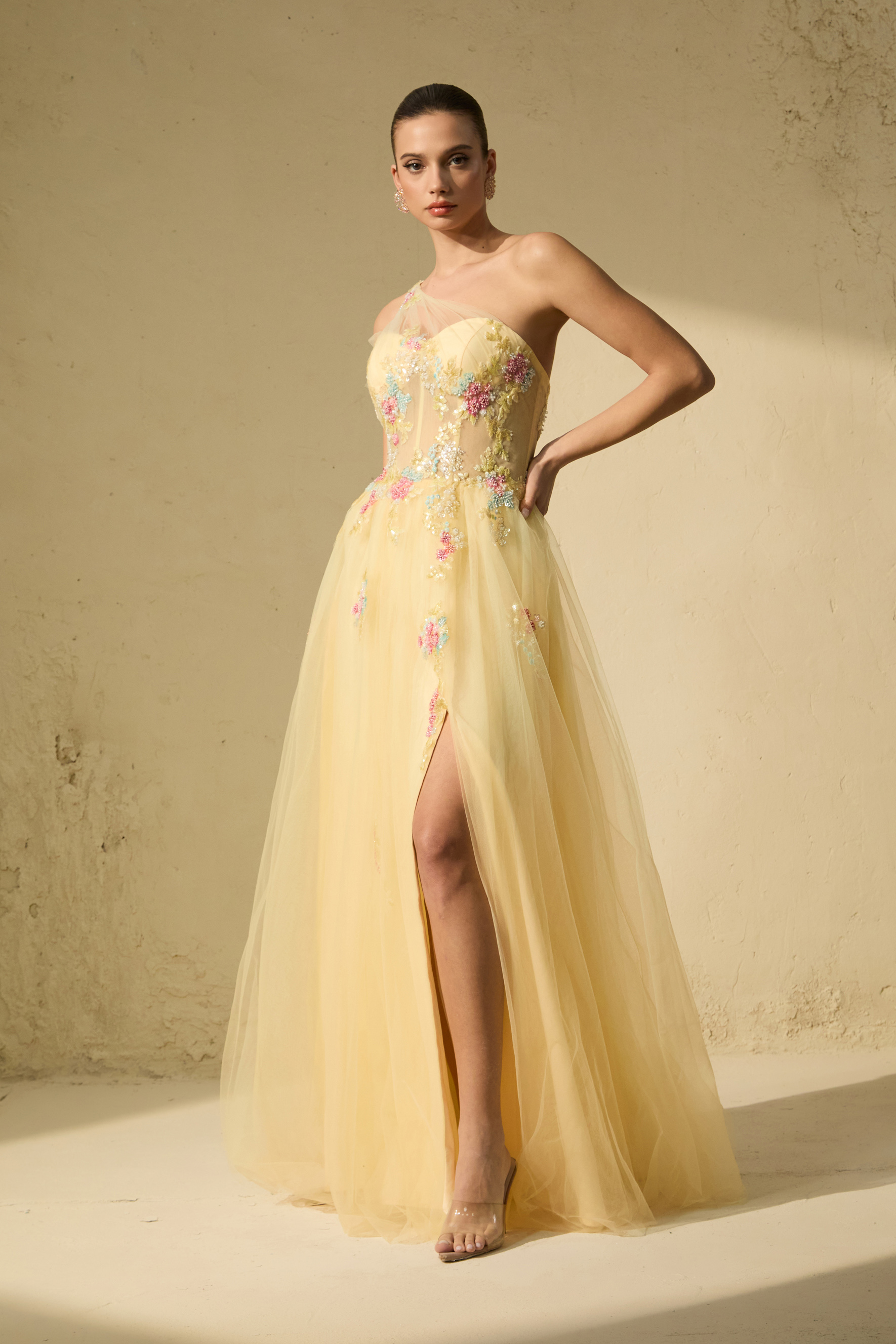 Glamorous Sweetie Yellow One-Shoulder Floral Embroidered Maxi Dress-purelyfable