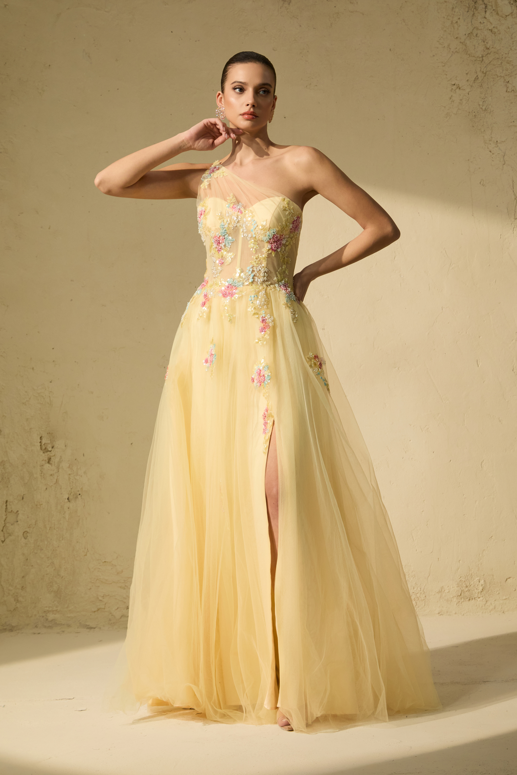 Glamorous Sweetie Yellow One-Shoulder Floral Embroidered Maxi Dress-purelyfable