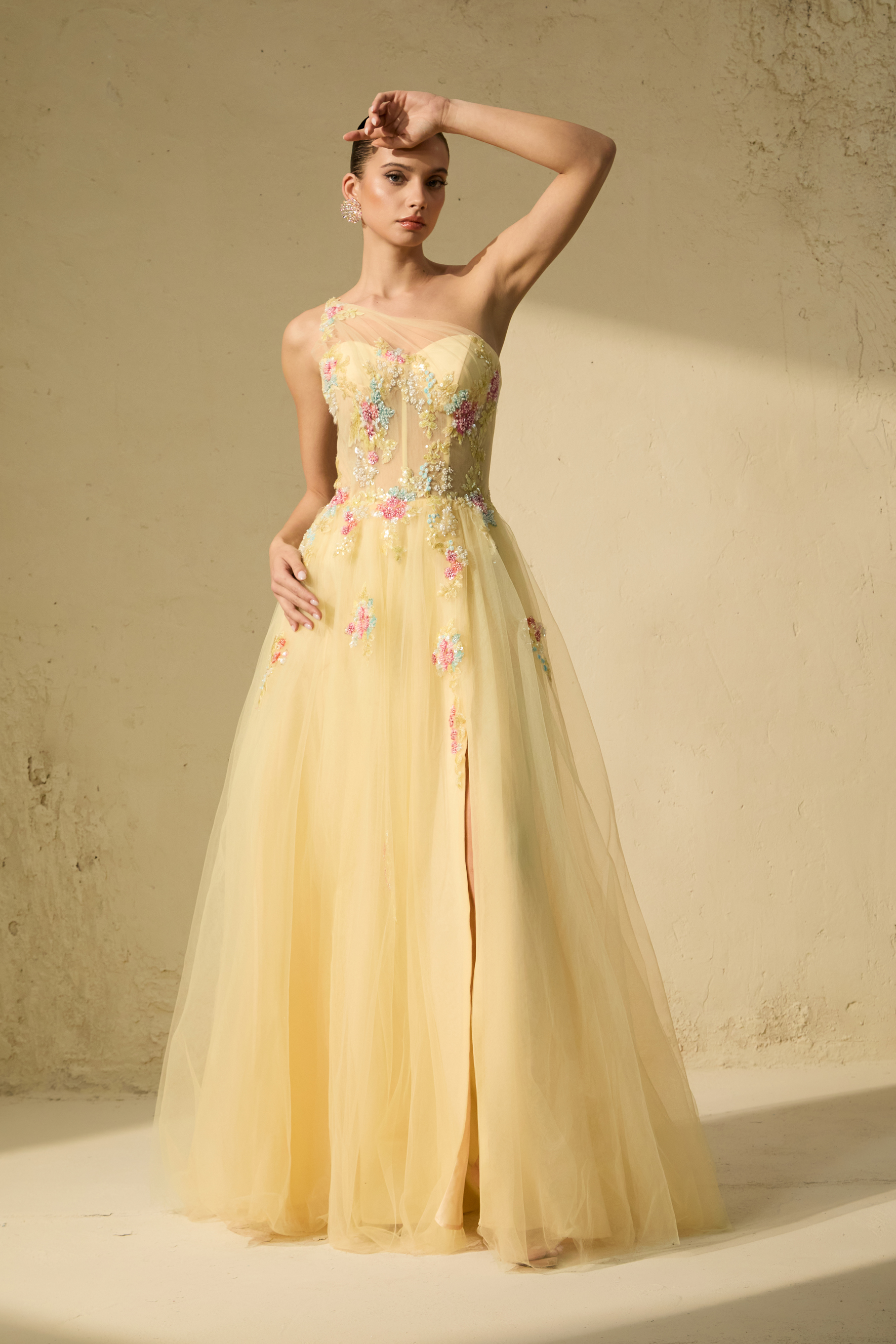 Glamorous Sweetie Yellow One-Shoulder Floral Embroidered Maxi Dress-purelyfable