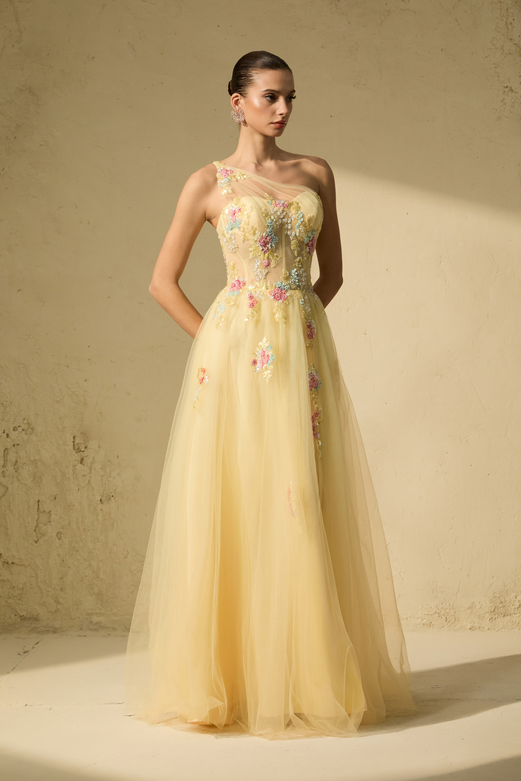 Glamorous Sweetie Yellow One-Shoulder Floral Embroidered Maxi Dress-purelyfable