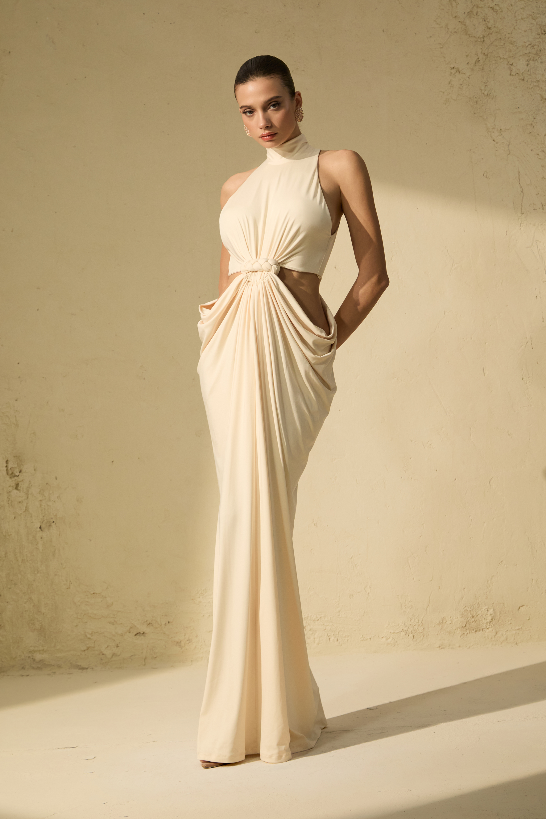 Her Signature Style Beige High Neck Twist Maxi Dress-purelyfable