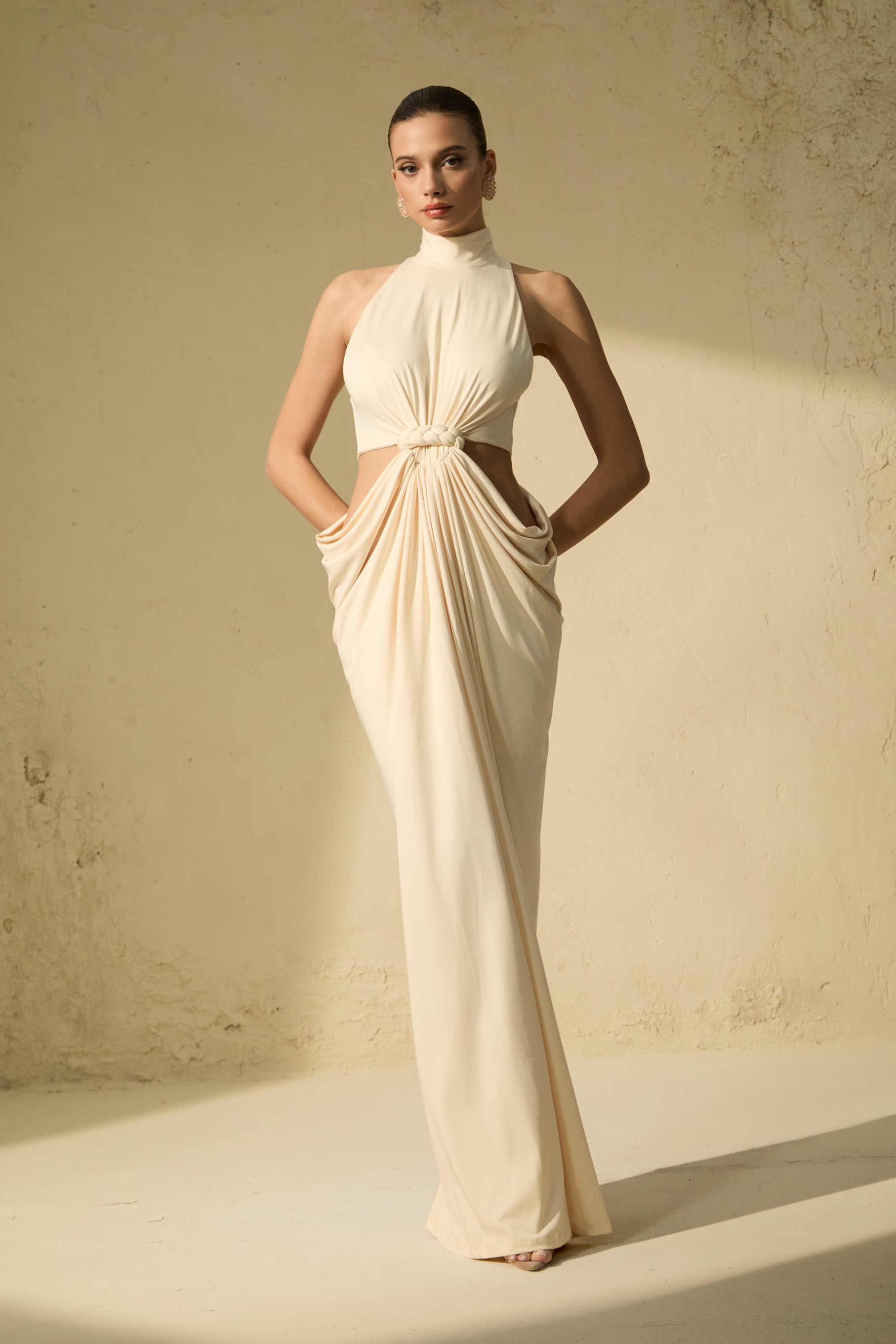 Her Signature Style Beige High Neck Twist Maxi Dress-purelyfable