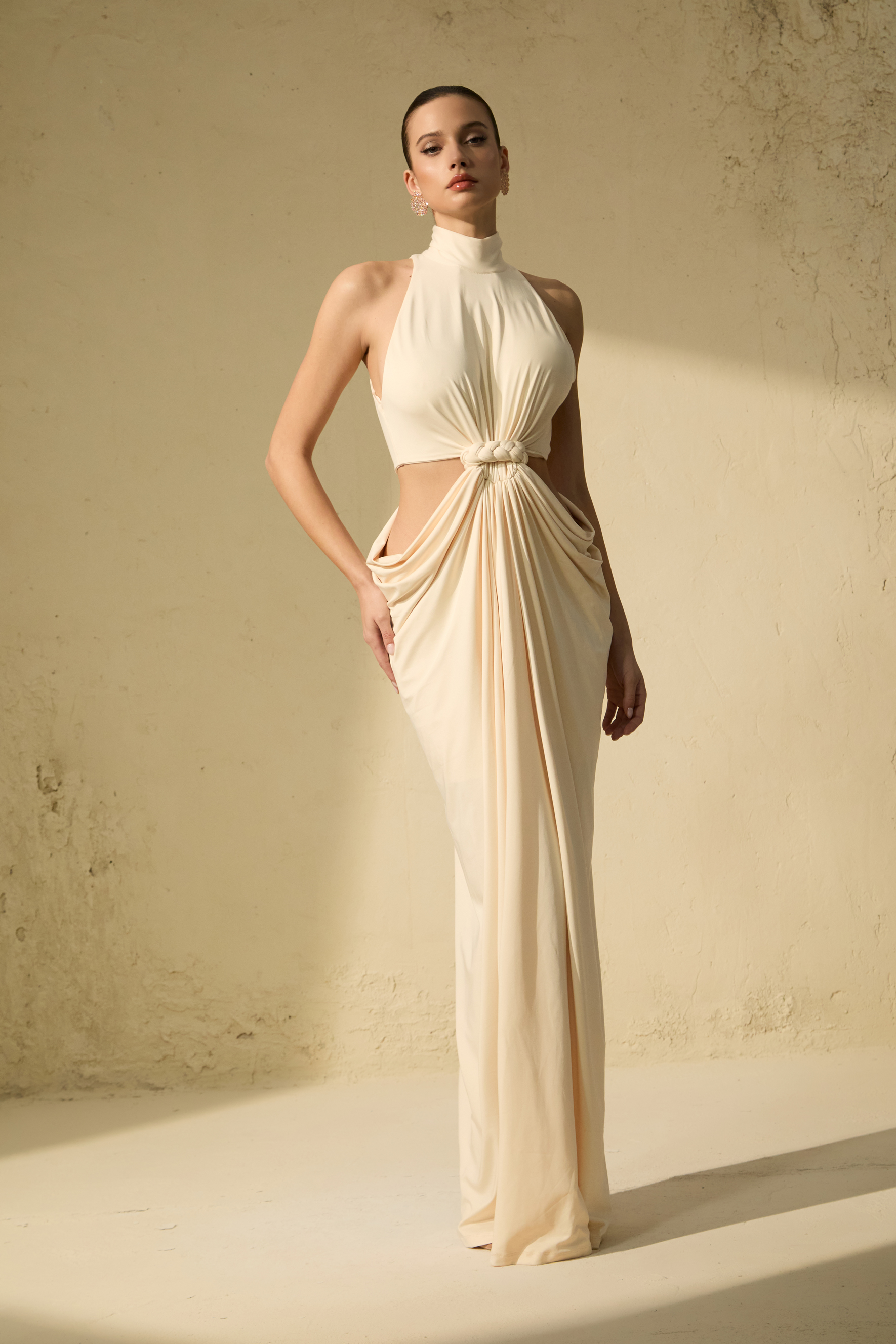 Her Signature Style Beige High Neck Twist Maxi Dress-purelyfable
