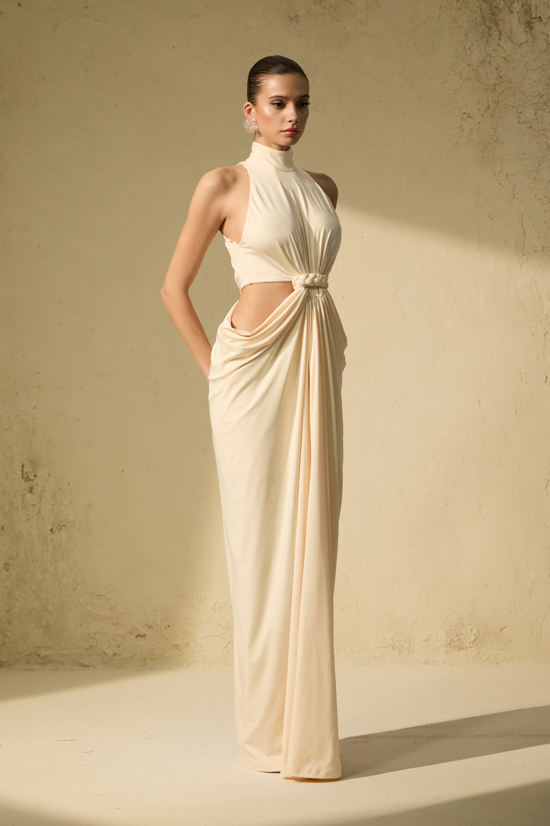 Her Signature Style Beige High Neck Twist Maxi Dress-purelyfable