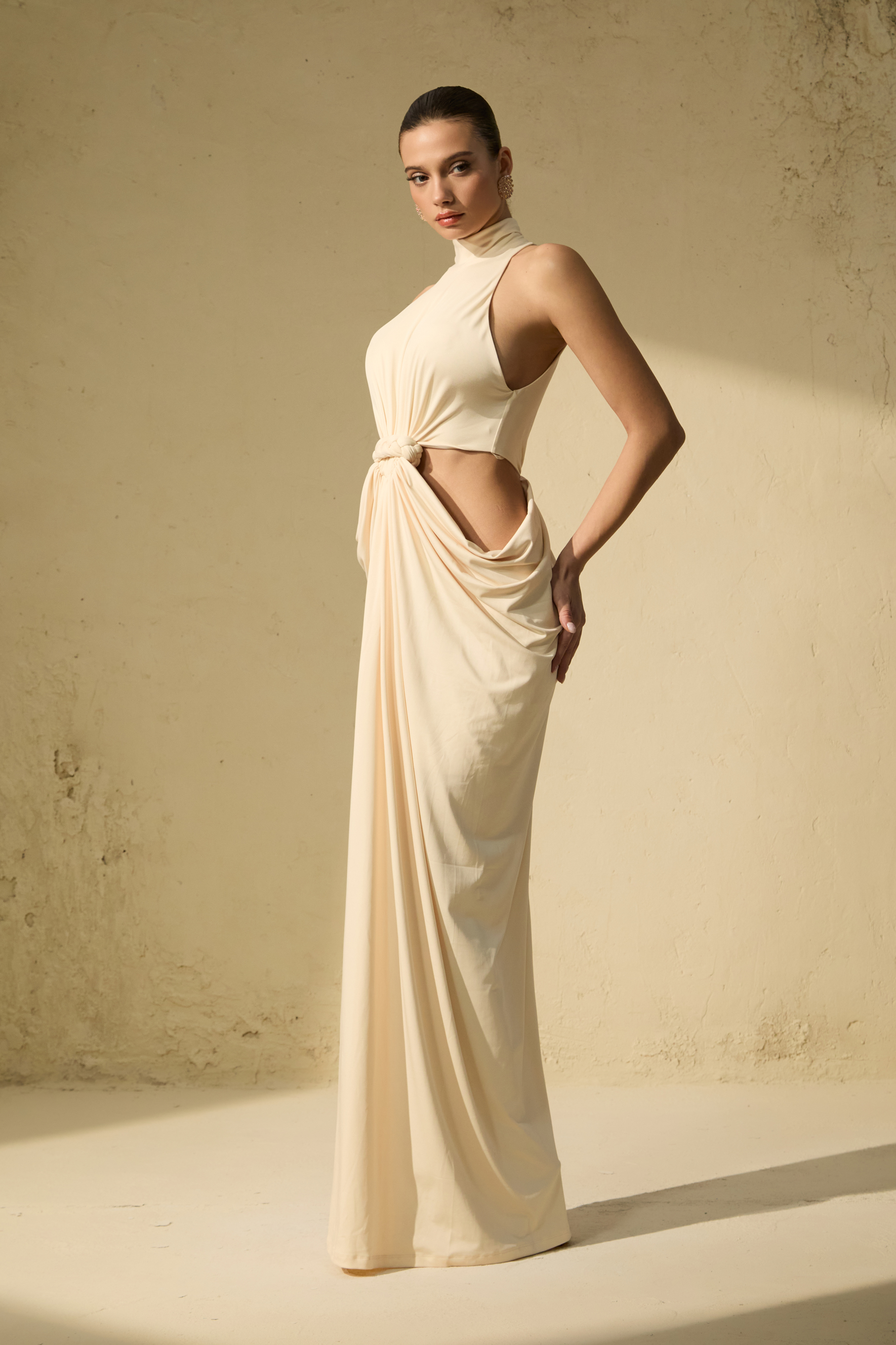 Her Signature Style Beige High Neck Twist Maxi Dress-purelyfable