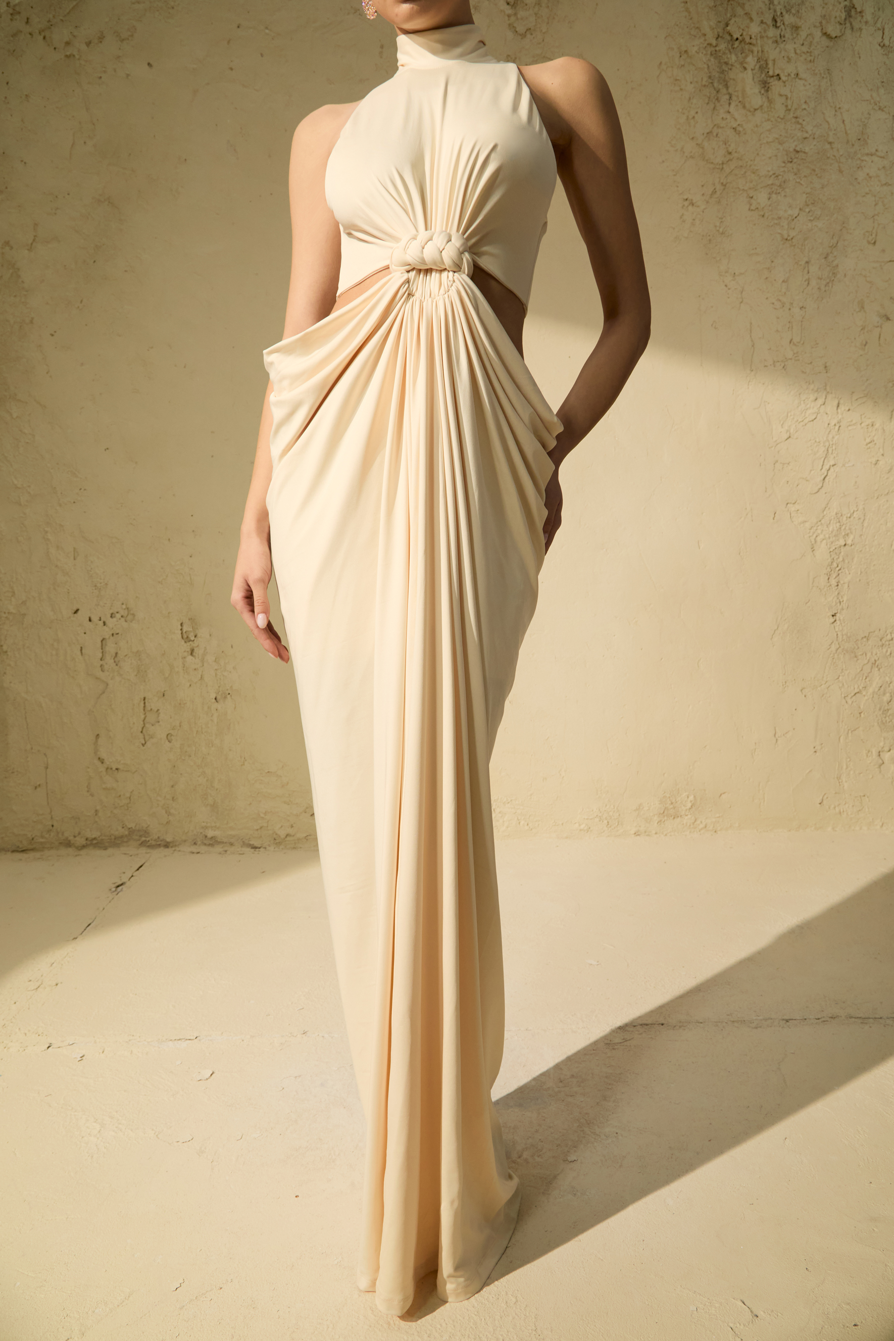 Her Signature Style Beige High Neck Twist Maxi Dress-purelyfable