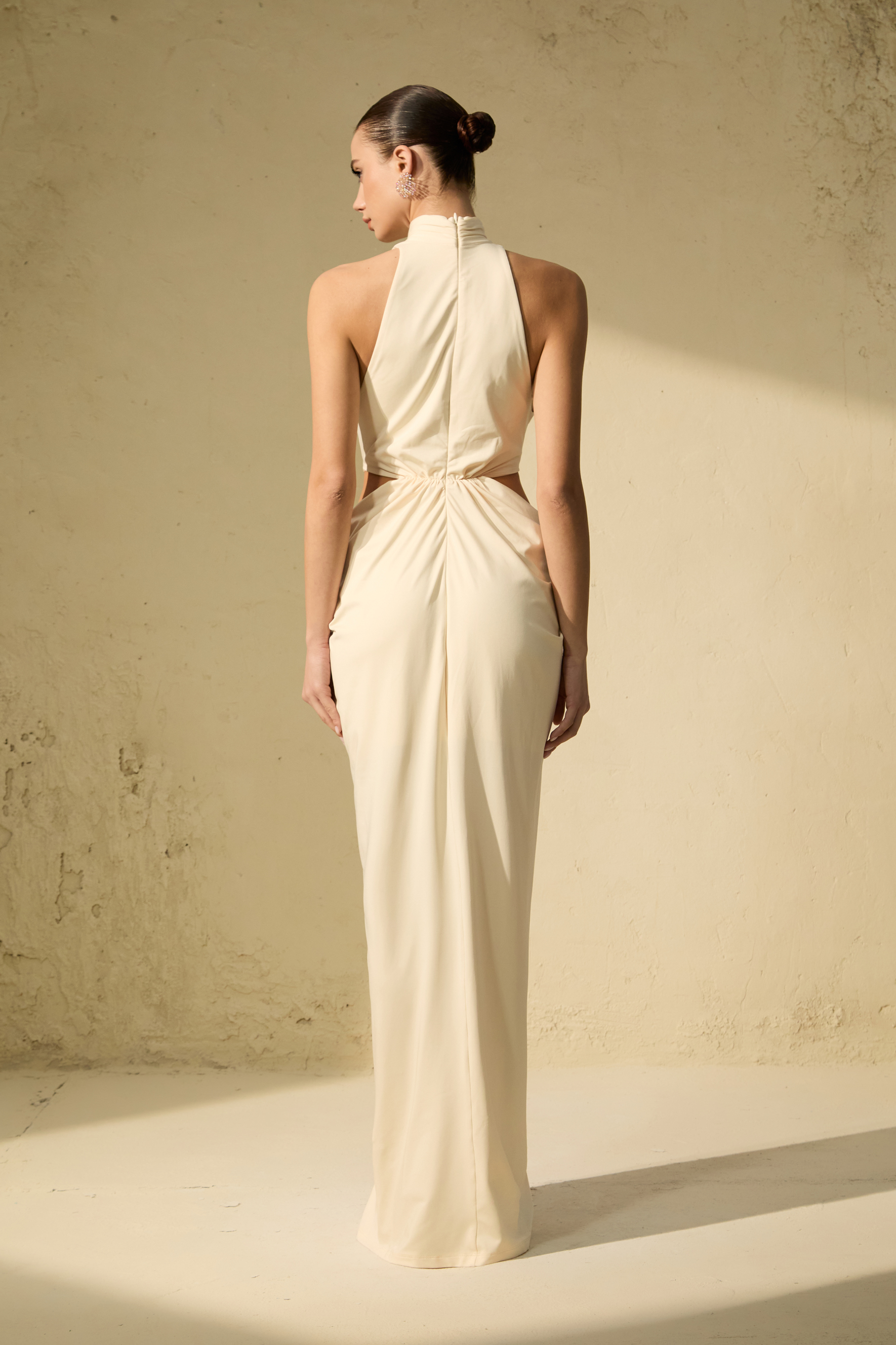 Her Signature Style Beige High Neck Twist Maxi Dress-purelyfable