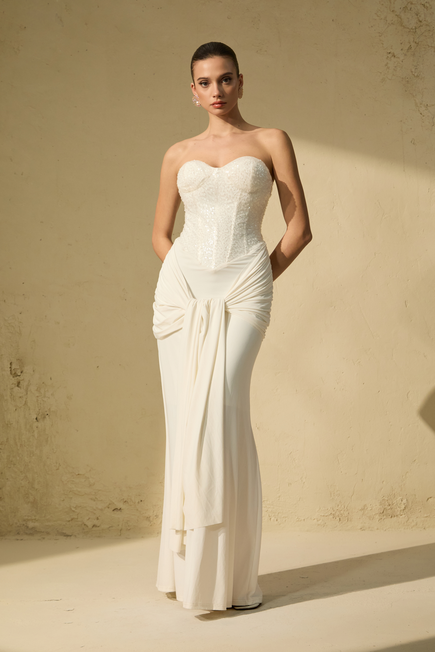 Modern Art White Corset Bodice Knot Maxi Dress-purelyfable