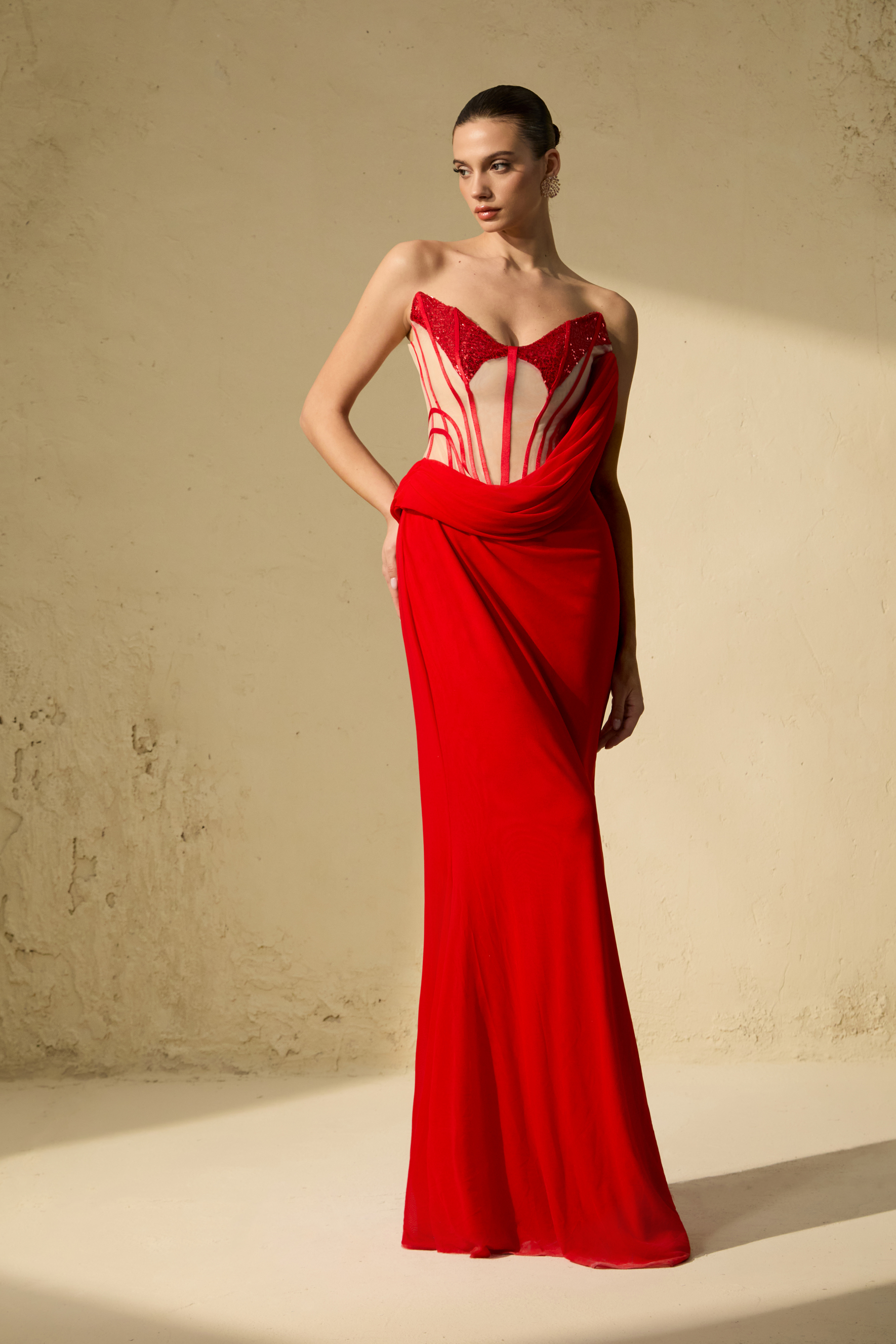 Queen Worthy Red Corset Bodice Draped Maxi Dress-purelyfable