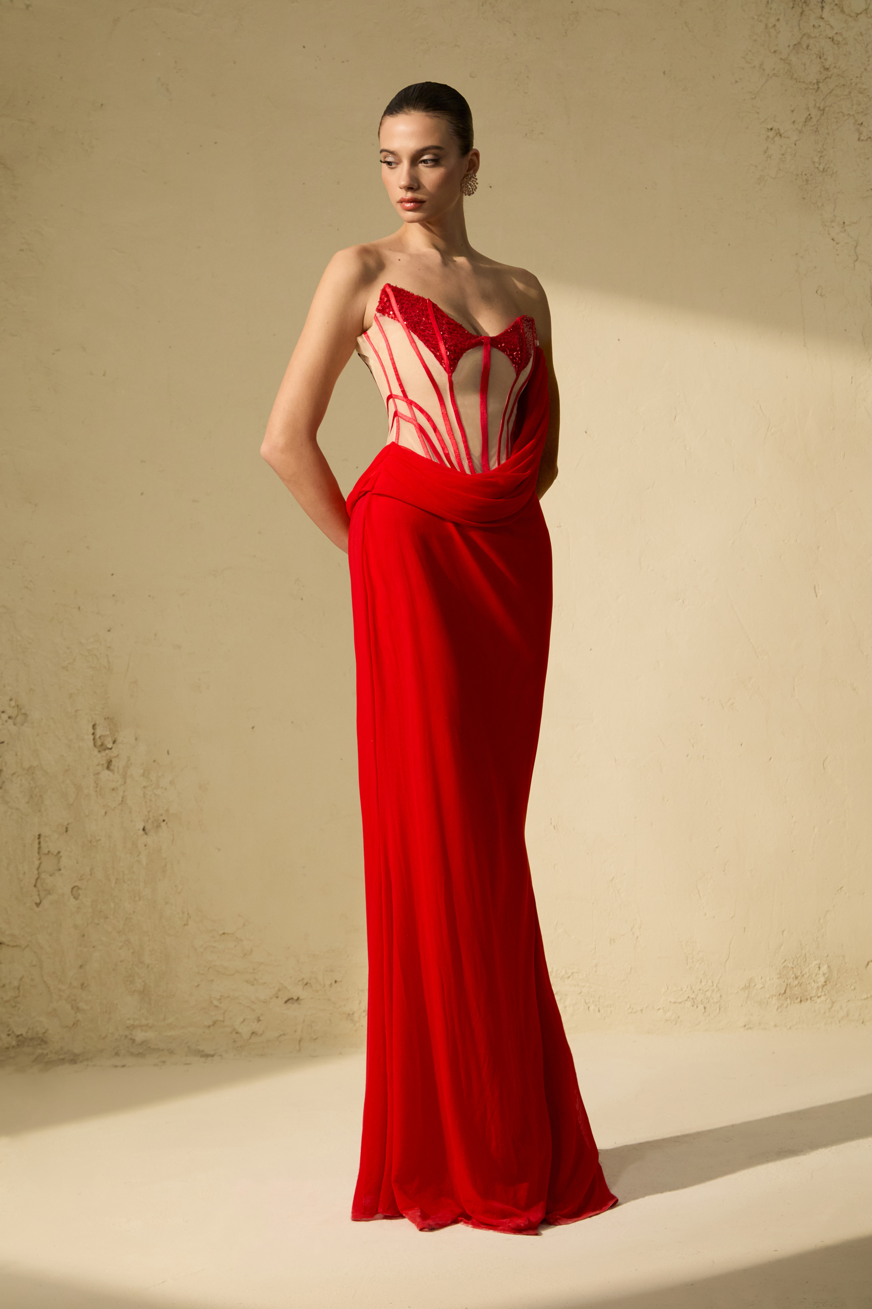 Queen Worthy Red Corset Bodice Draped Maxi Dress-purelyfable