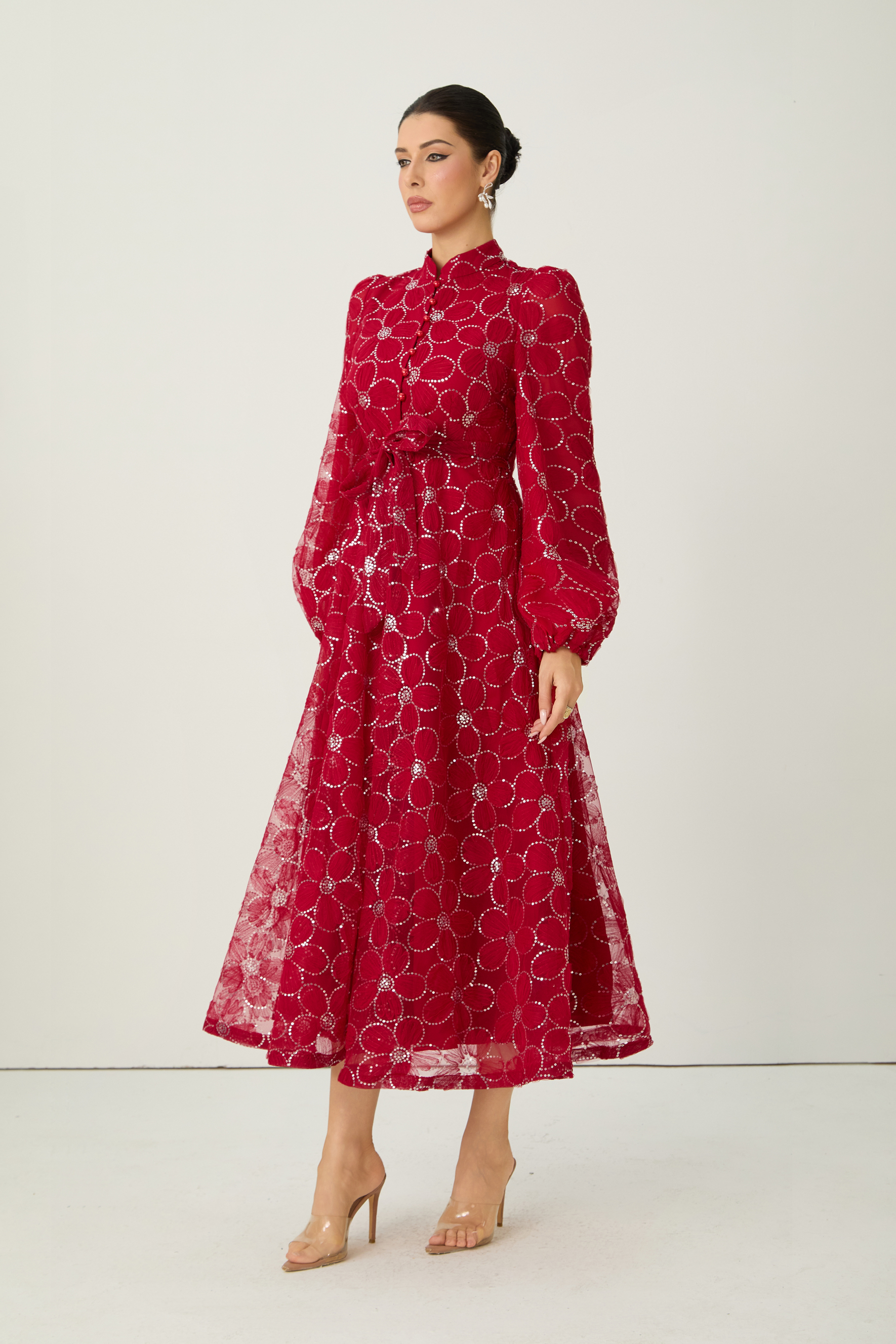 Charming Event Red Sequin Floral Embroidered Maxi Dress-purelyfable