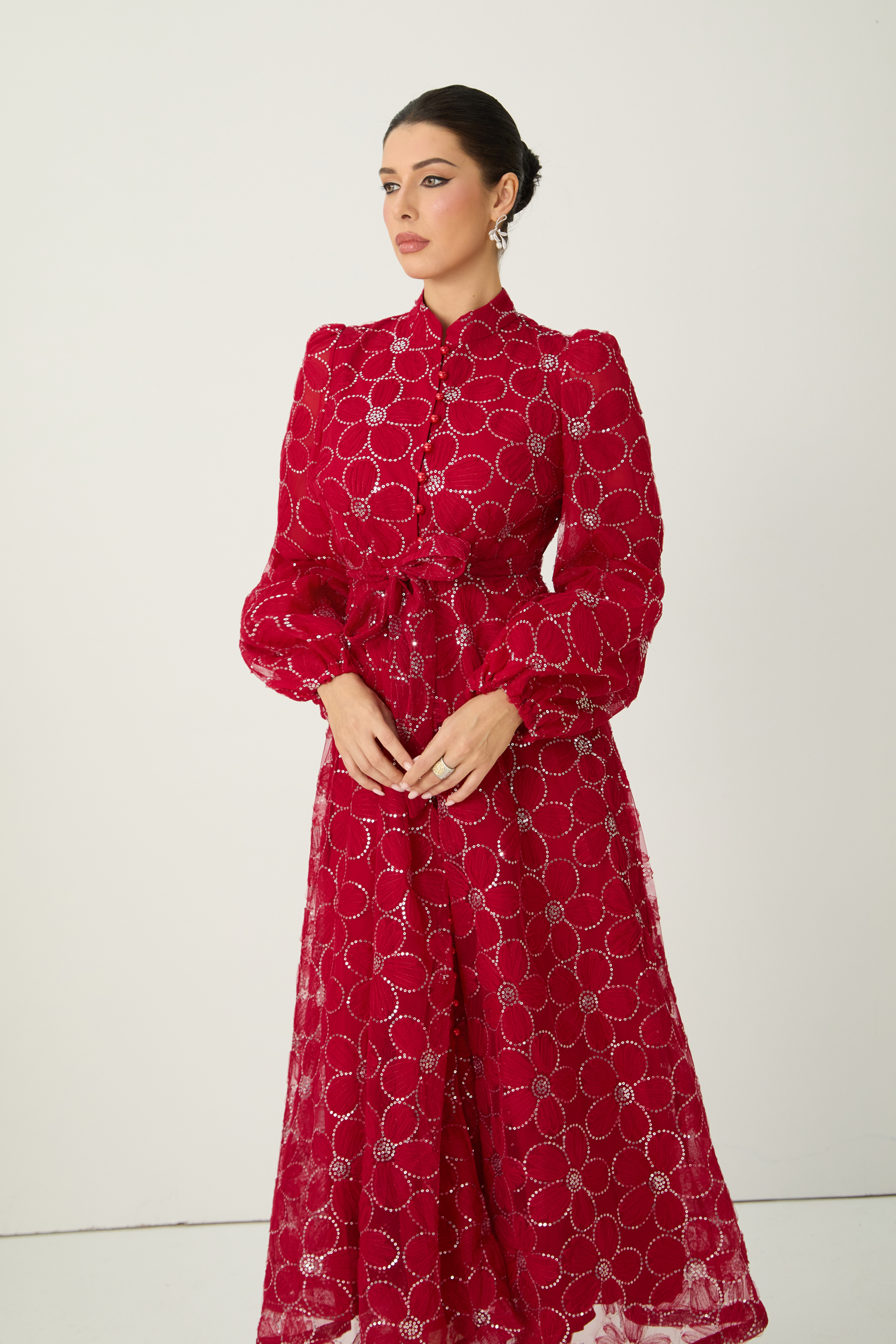 Charming Event Red Sequin Floral Embroidered Maxi Dress-purelyfable