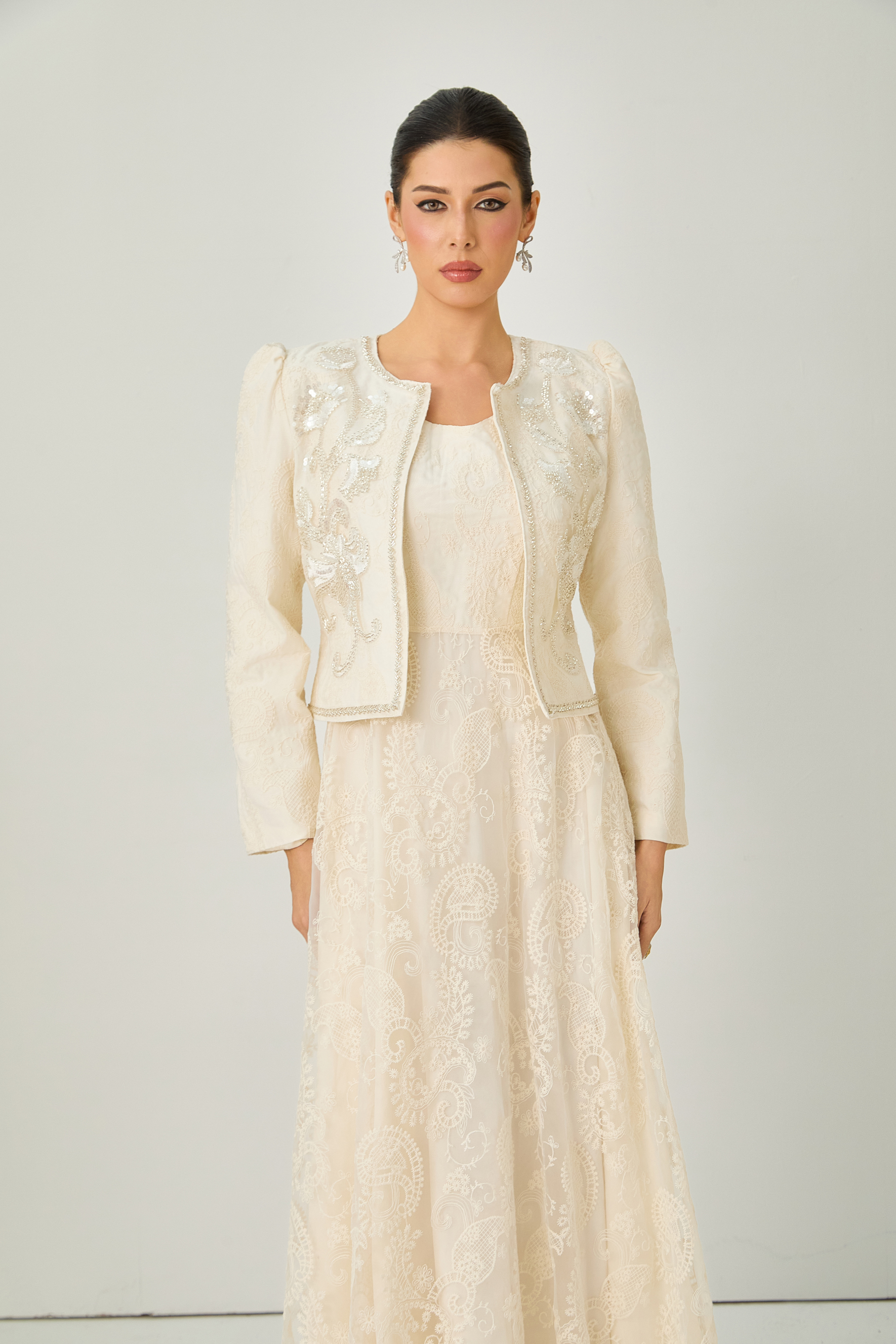 Perfectly Captivating Beige Paisley Embroidery Jacket & Dress Set-purelyfable