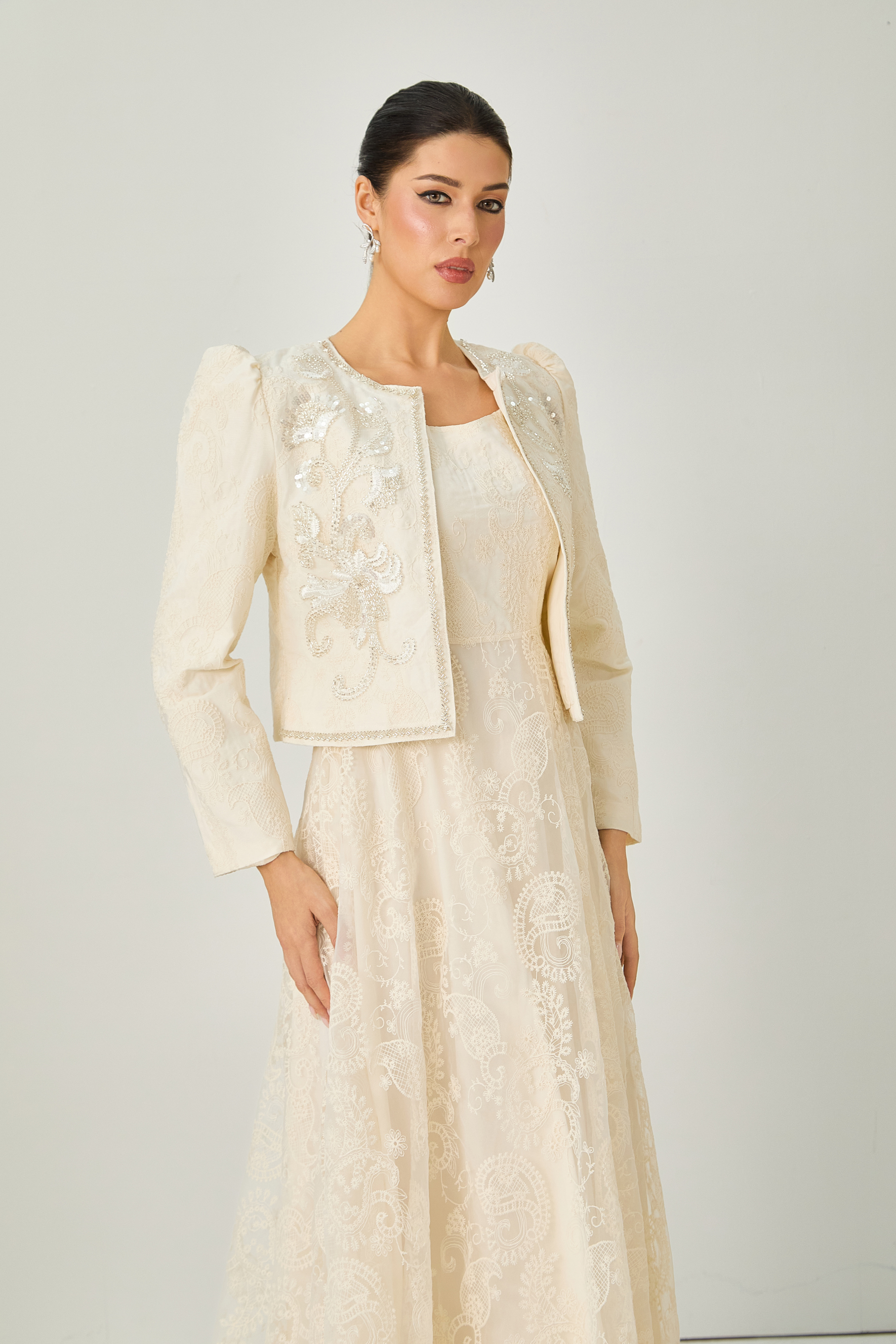 Perfectly Captivating Beige Paisley Embroidery Jacket & Dress Set-purelyfable
