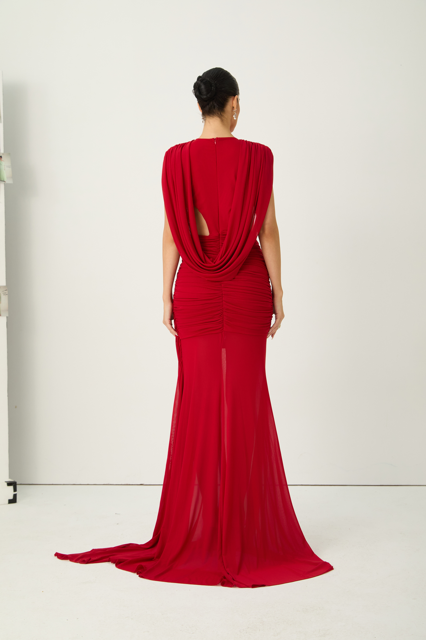 See The City Red Deep V-Neck Ruched Maxi Dress-purelyfable