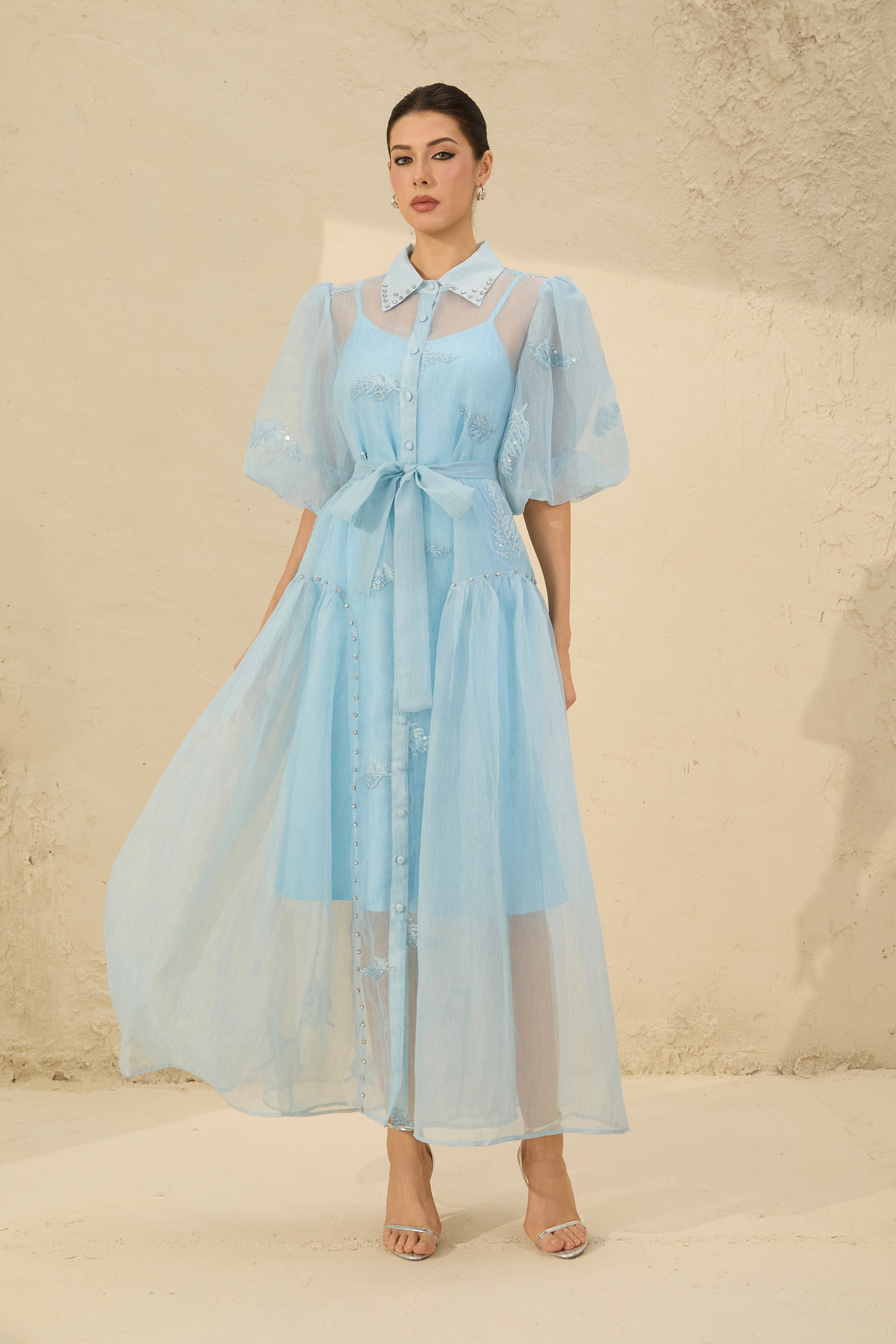 Dreamy Personality Blue Puff Sleeve Embroidered Maxi Dress-purelyfable