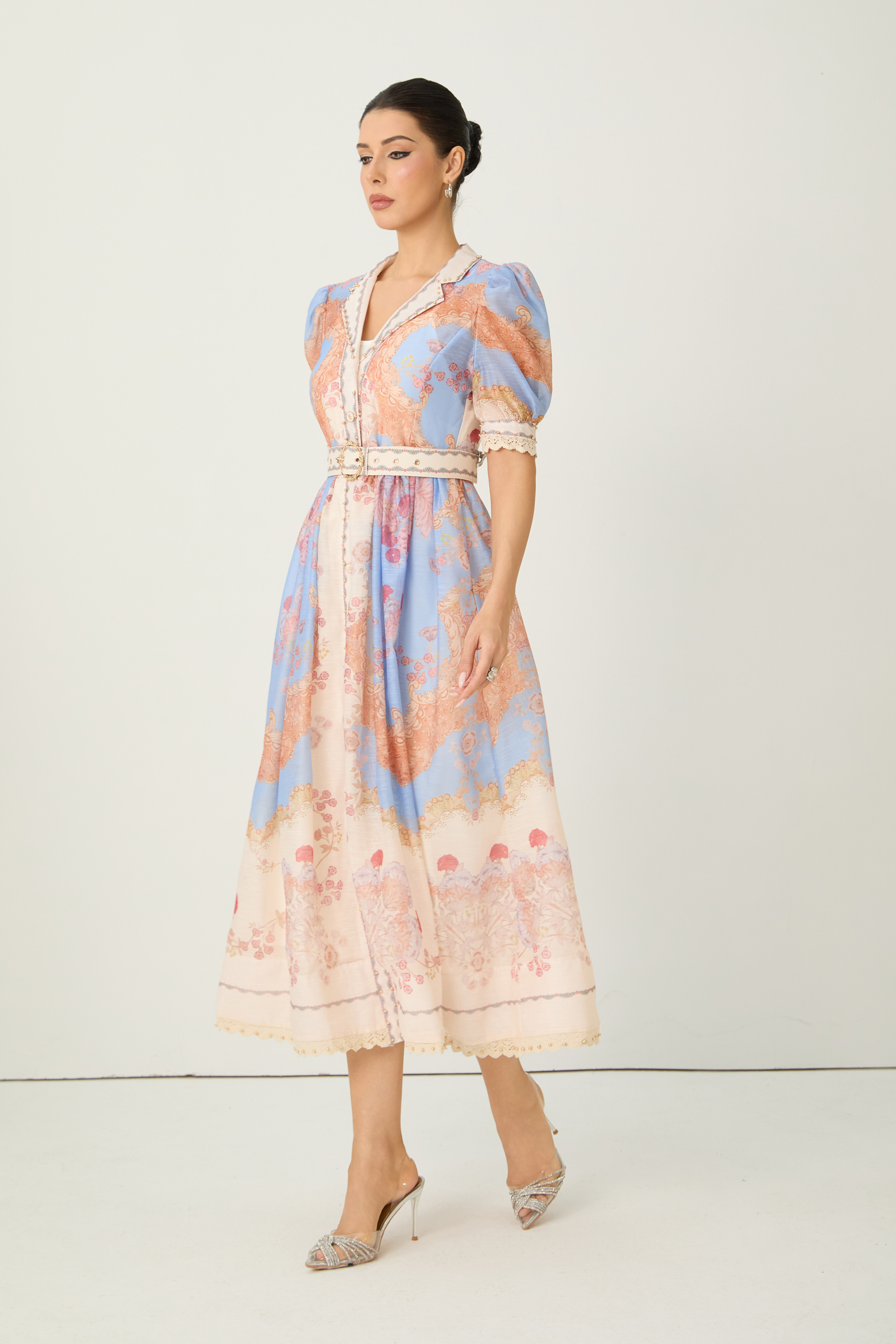 Nocturnal Muse Blue Paisley Print Puff Sleeve Midi Dress-purelyfable