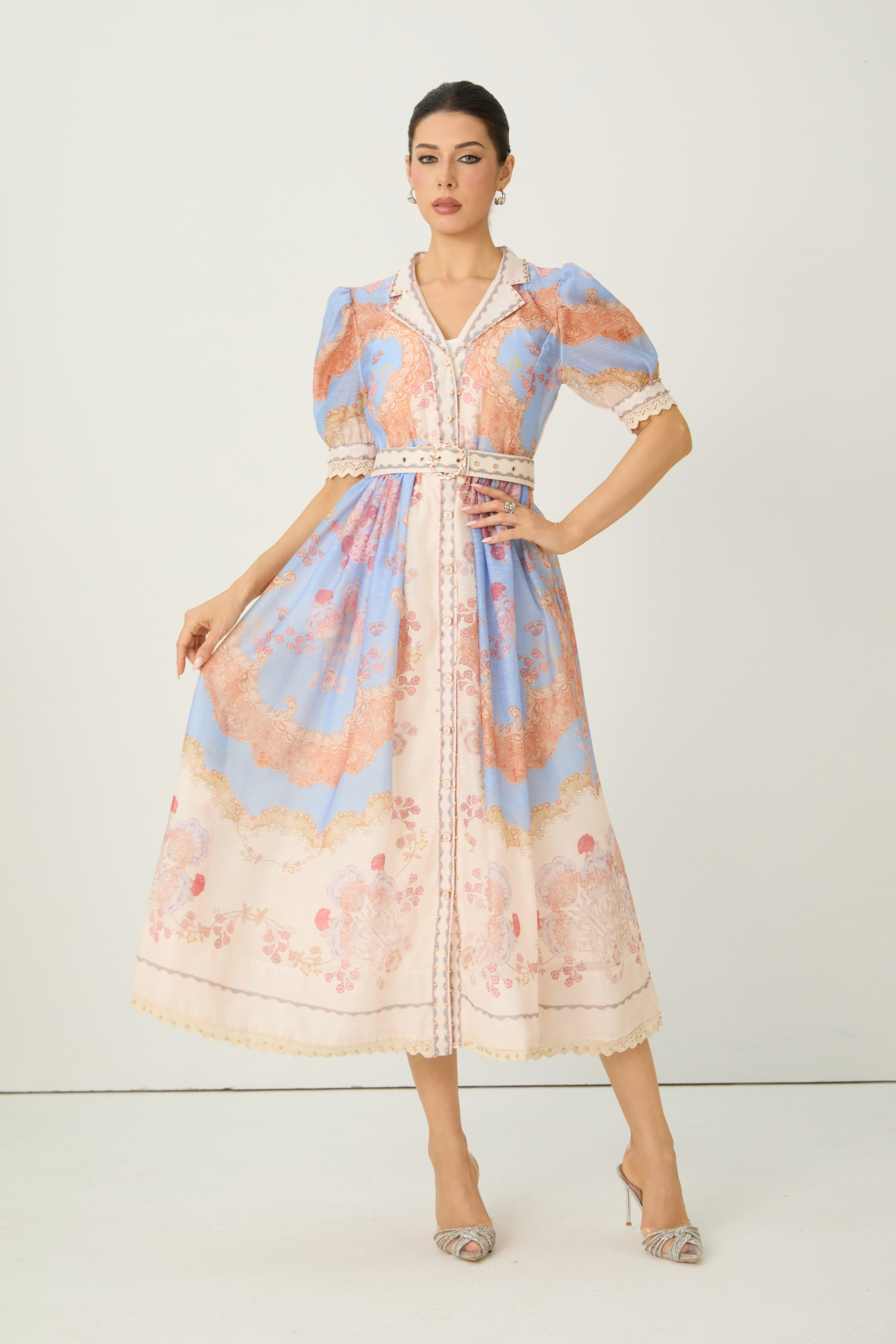 Nocturnal Muse Blue Paisley Print Puff Sleeve Midi Dress-purelyfable