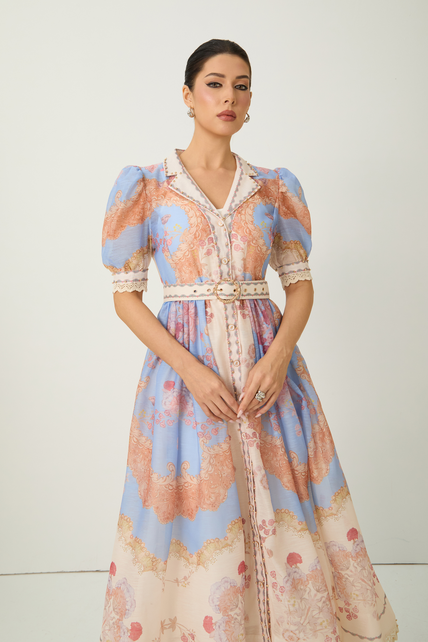 Nocturnal Muse Blue Paisley Print Puff Sleeve Midi Dress-purelyfable