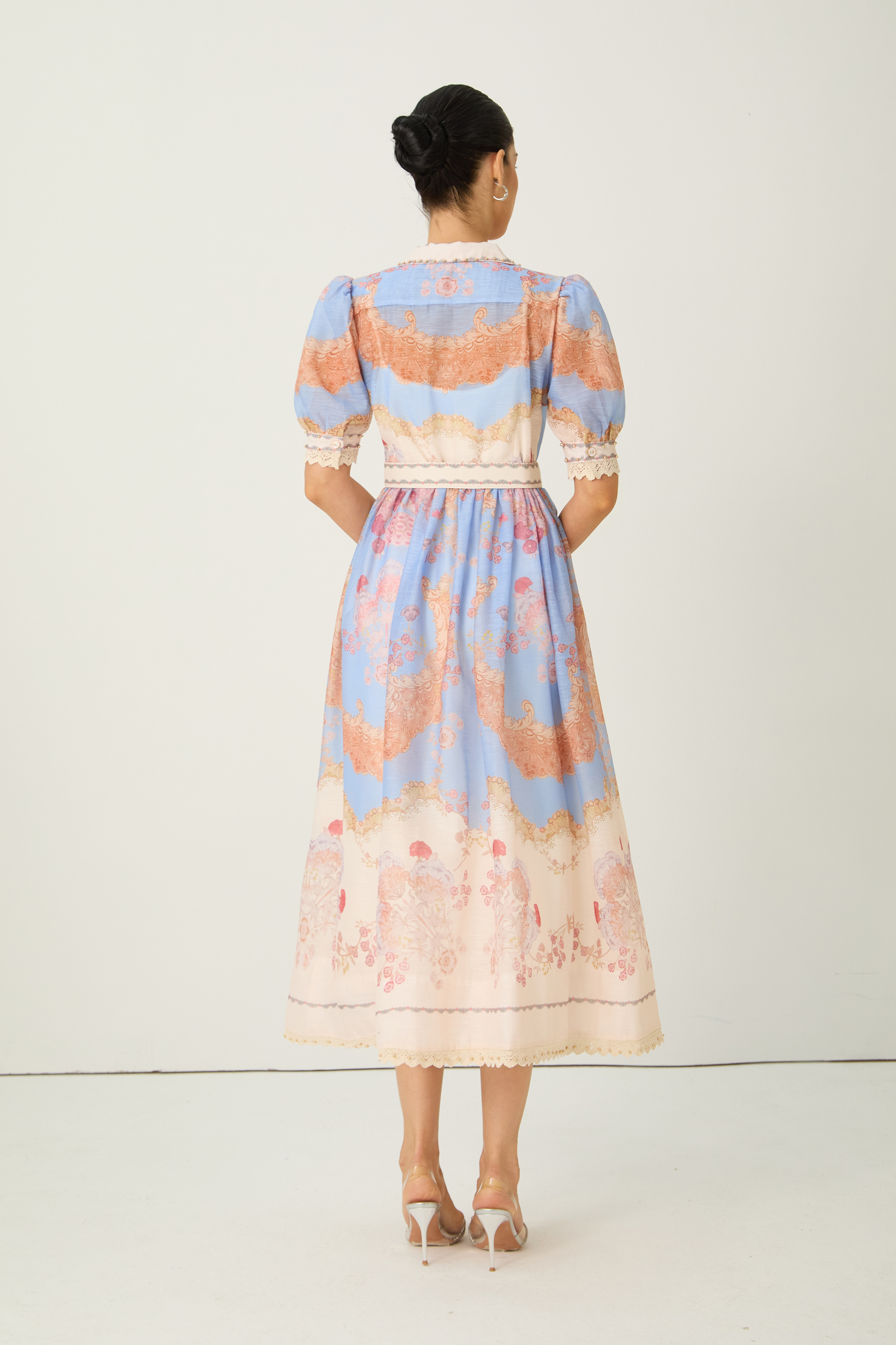 Nocturnal Muse Blue Paisley Print Puff Sleeve Midi Dress-purelyfable