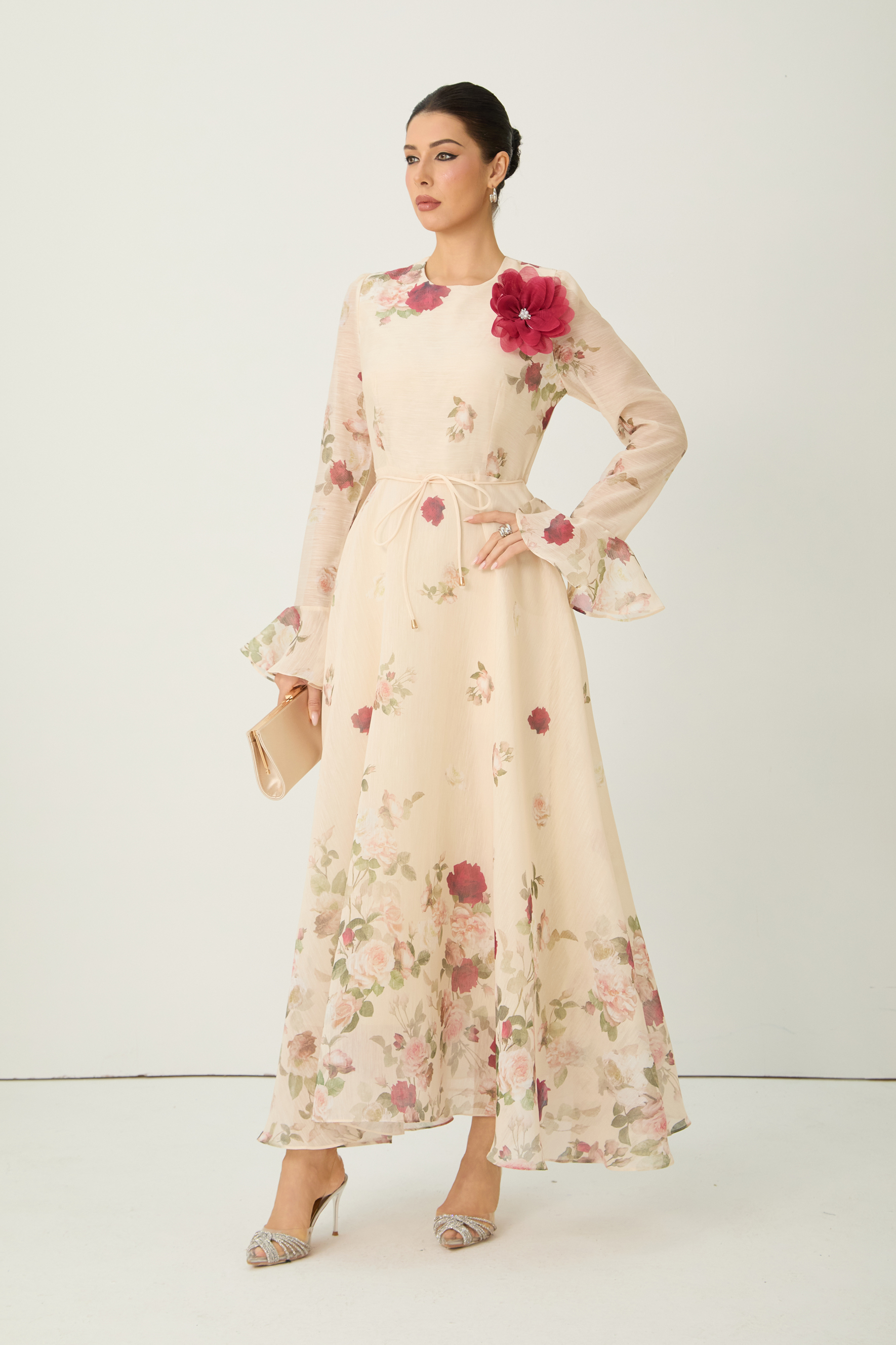 Romantic Marvel Apricot Floral Applique Ruffle Cuff Maxi Dress-purelyfable