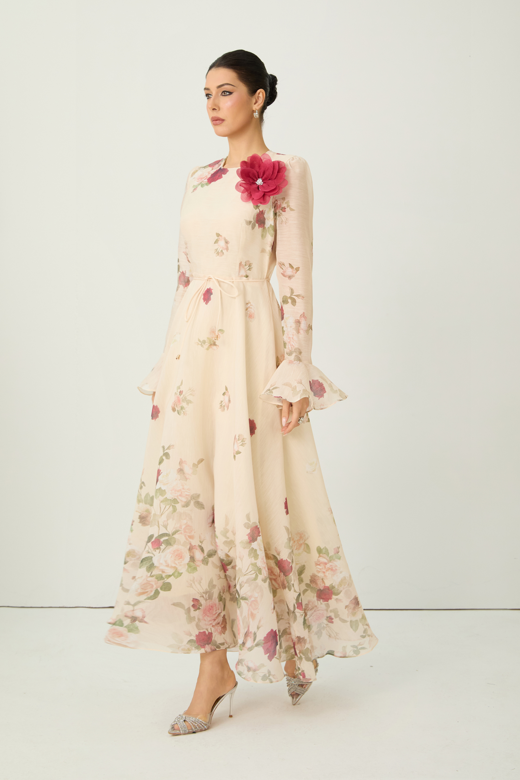 Romantic Marvel Apricot Floral Applique Ruffle Cuff Maxi Dress-purelyfable