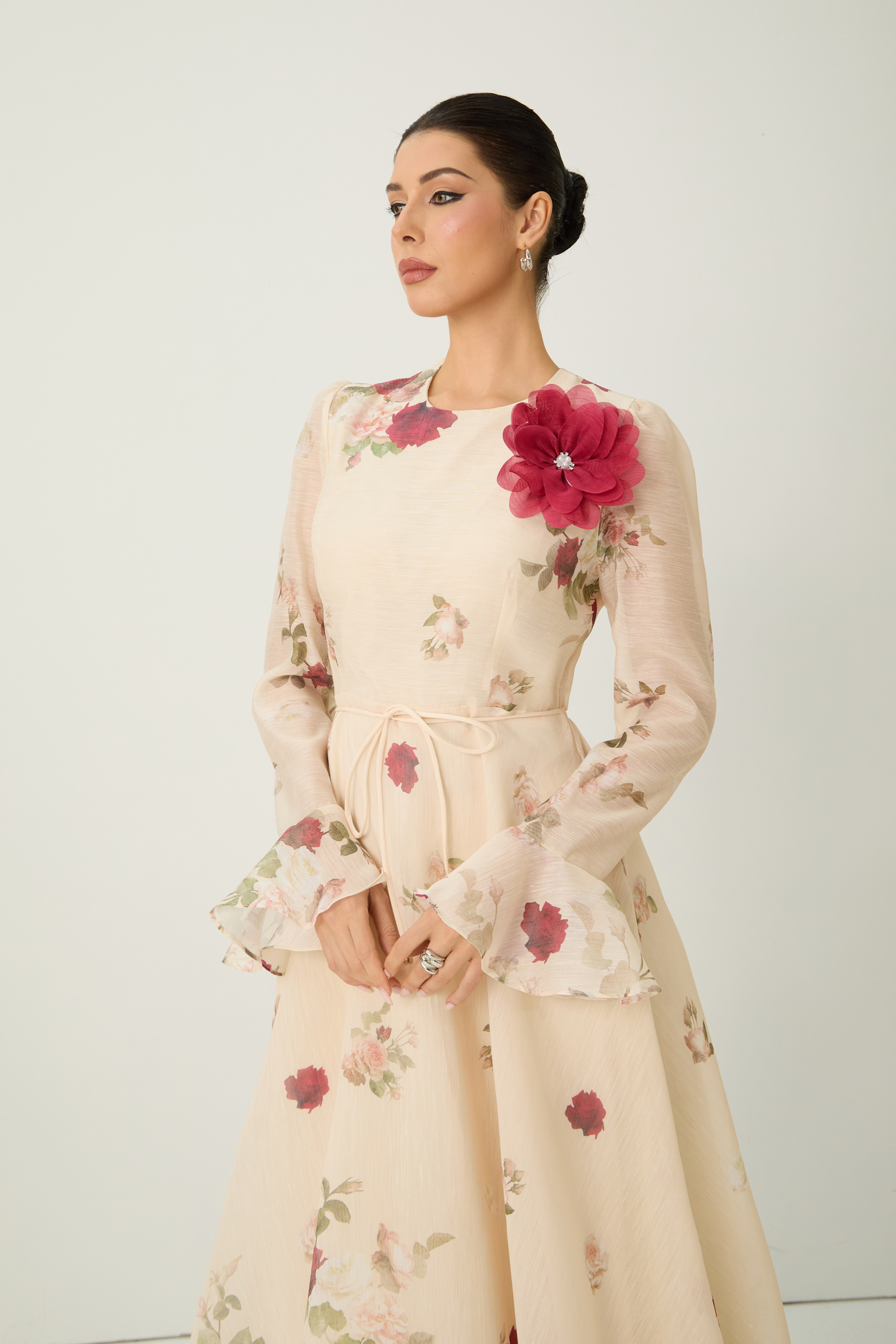 Romantic Marvel Apricot Floral Applique Ruffle Cuff Maxi Dress-purelyfable