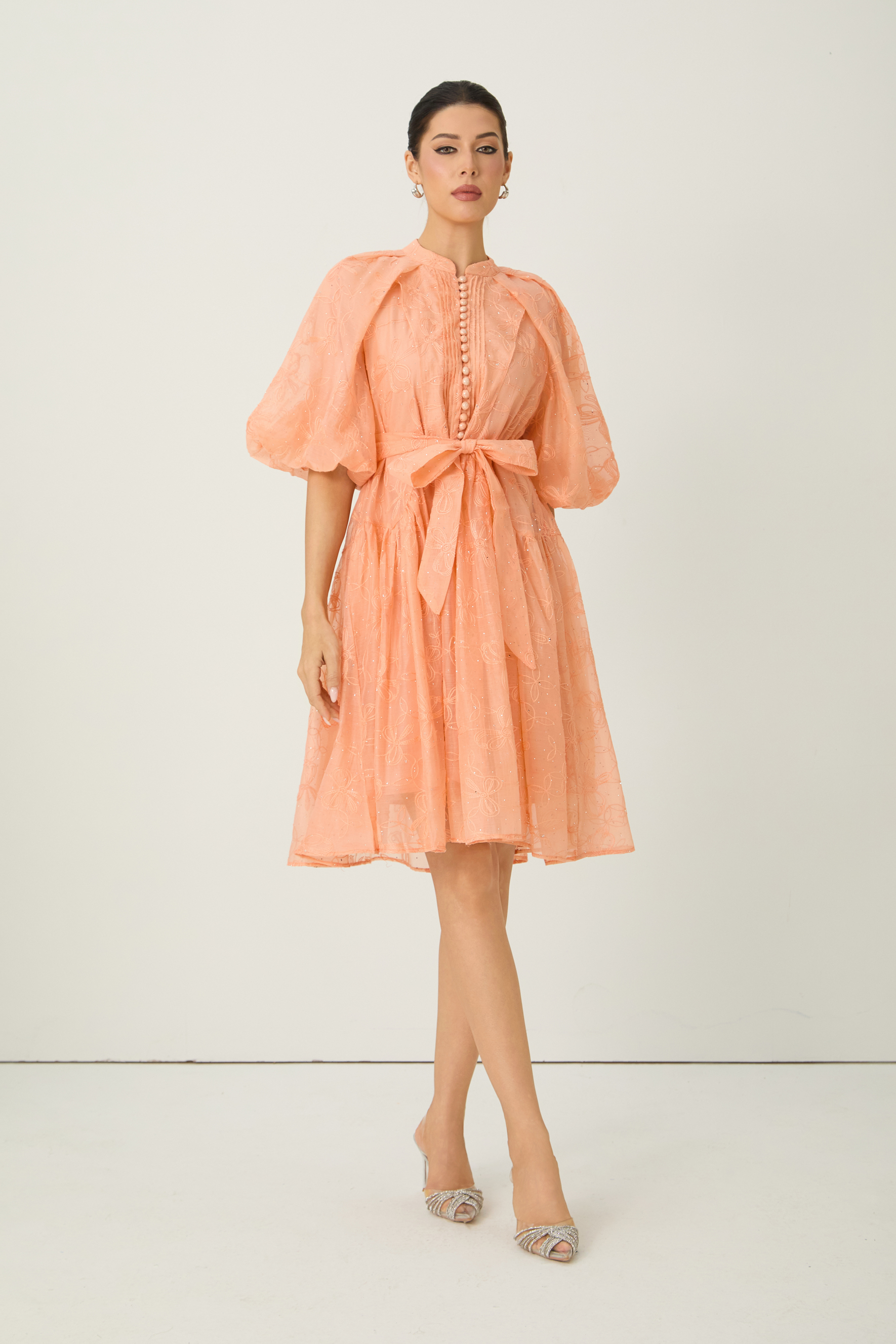 Devoted to Fun Orange Embroidered Short Puff Sleeve Midi Dress-purelyfable