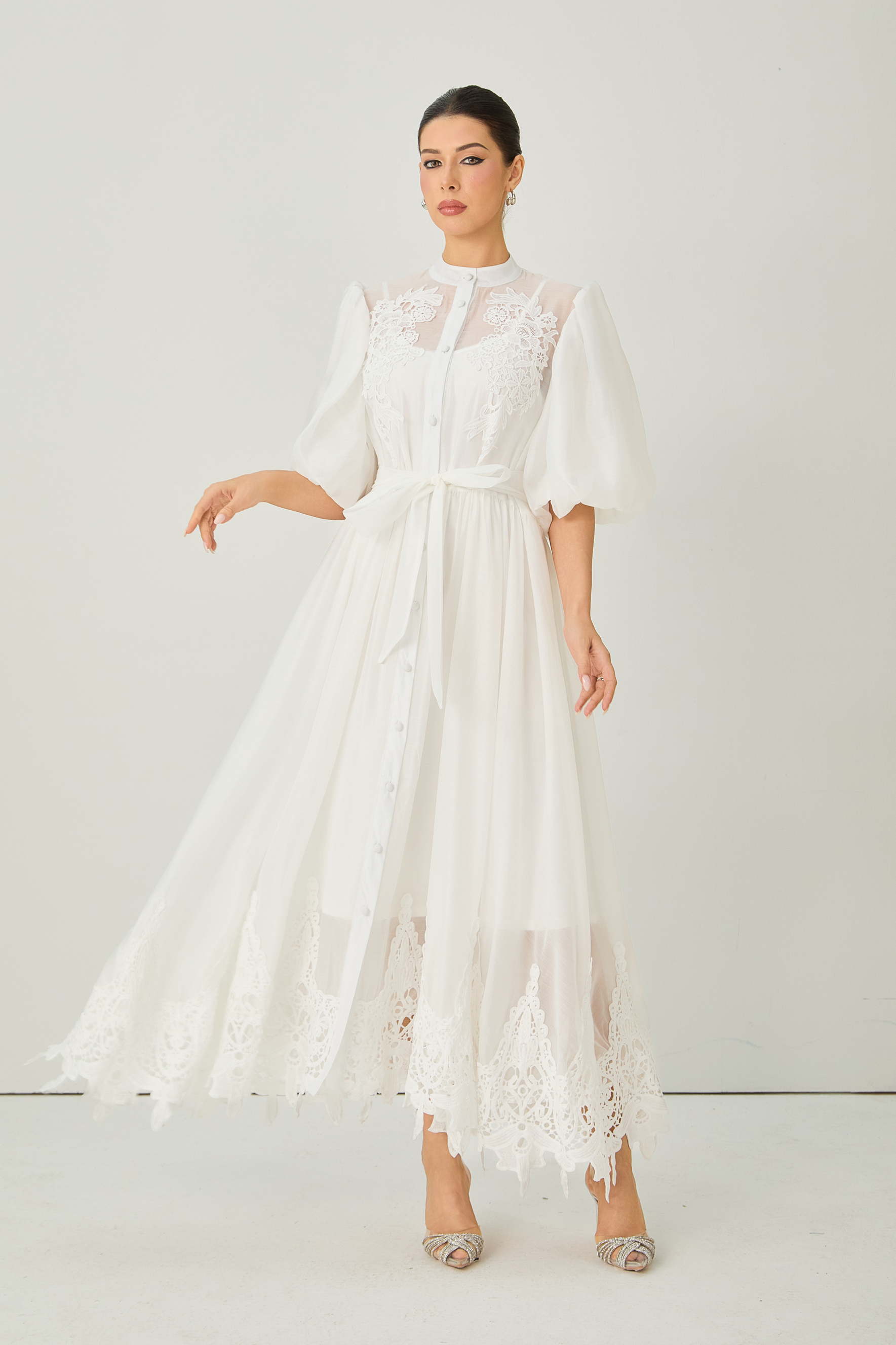 Close to Your Heart White Lace Embroidered Puff Sleeve Maxi Dress-purelyfable