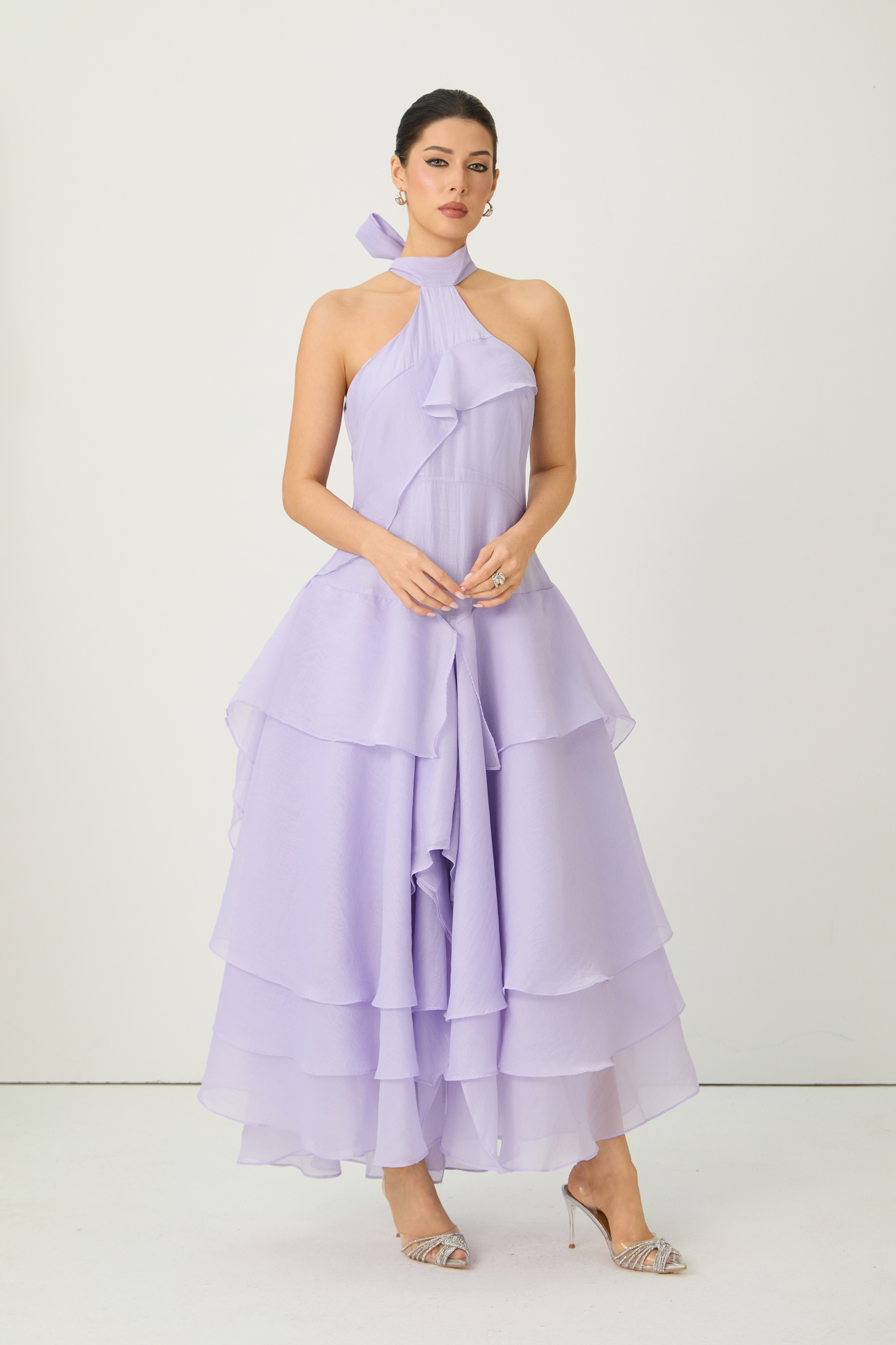 Always Turning Heads Purple Halter Neck Tiered Ruffle Maxi Dress-purelyfable