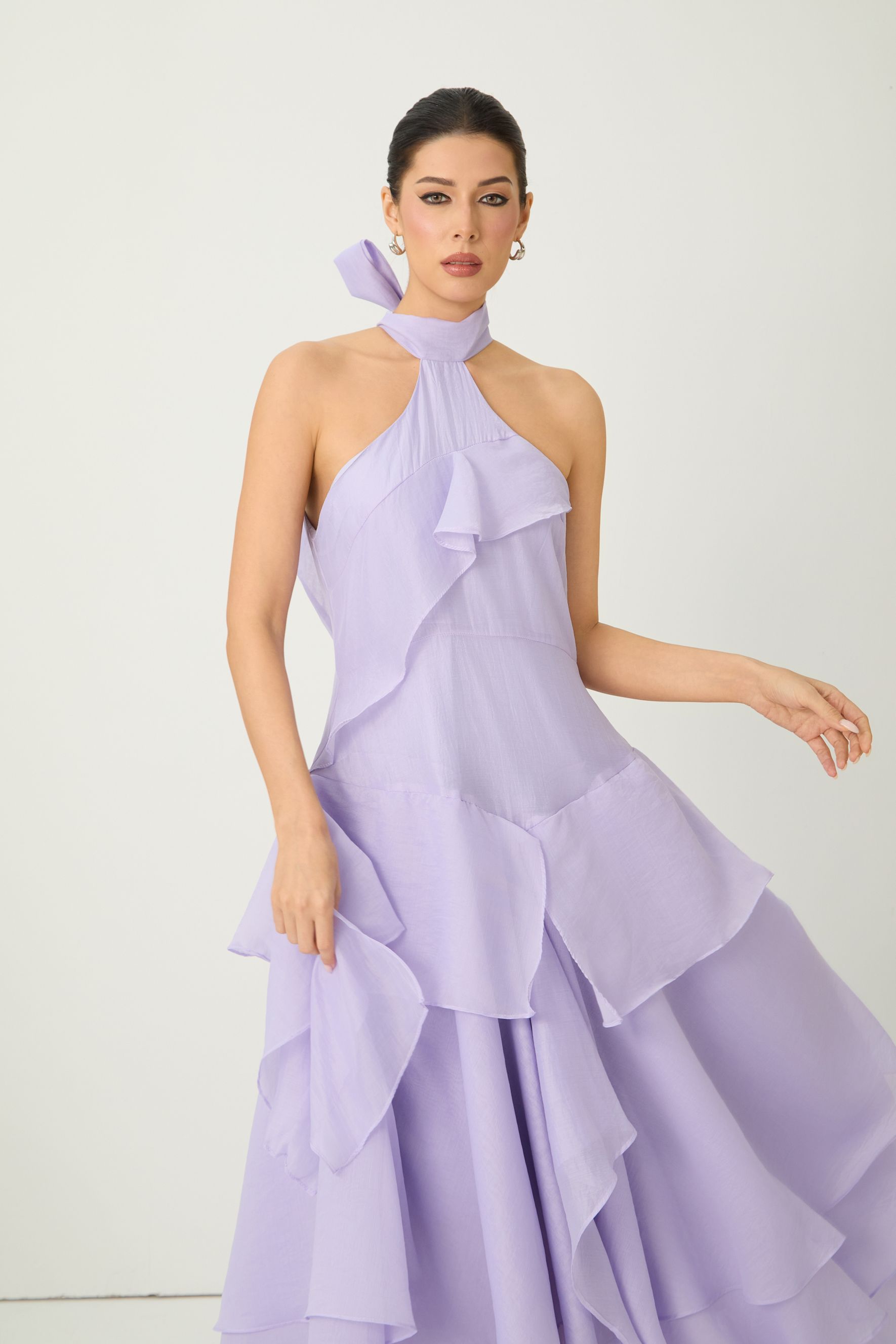 Always Turning Heads Purple Halter Neck Tiered Ruffle Maxi Dress-purelyfable