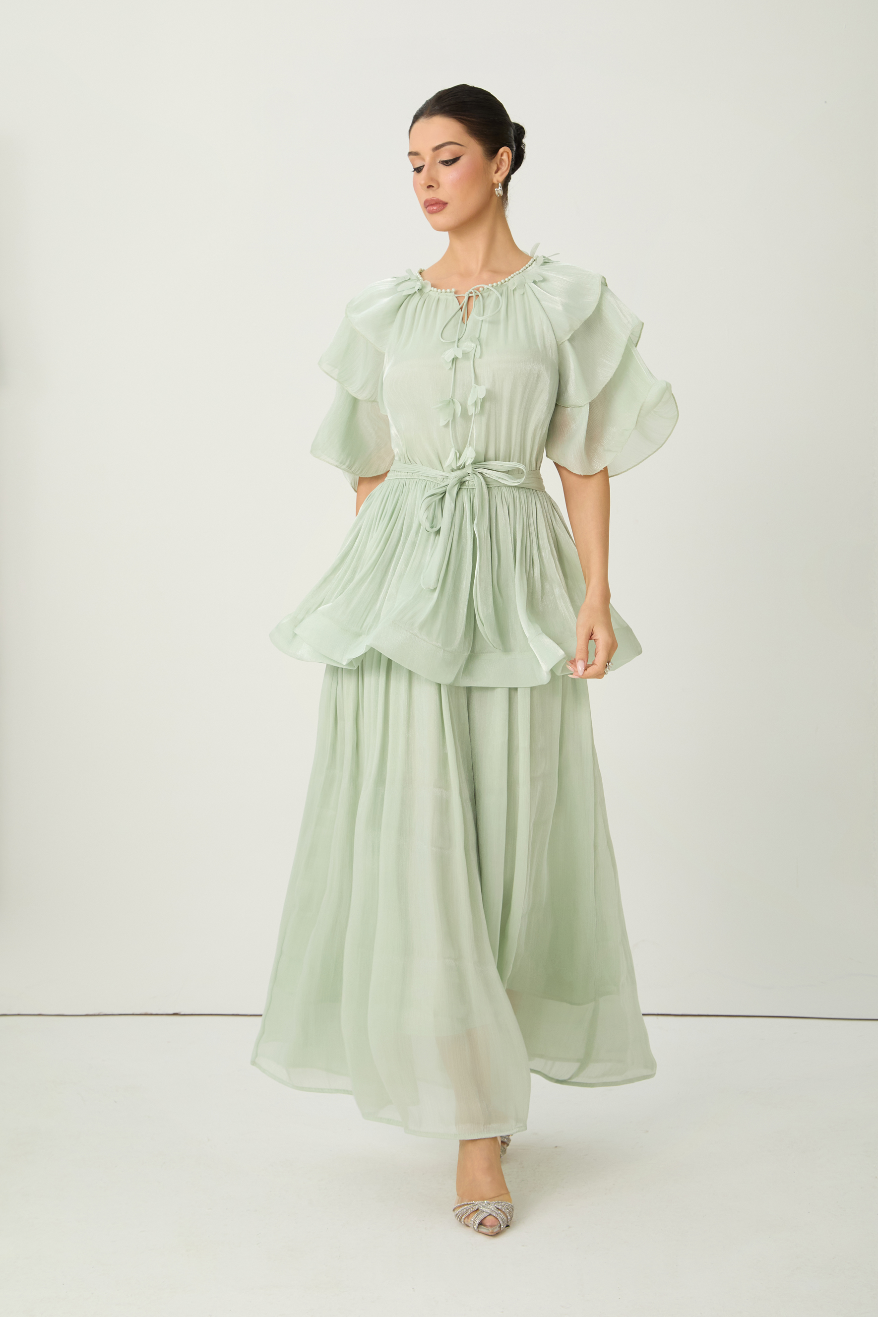 Vibes On Point Green Ruffle Sleeve Tie Neck Maxi Dress-purelyfable